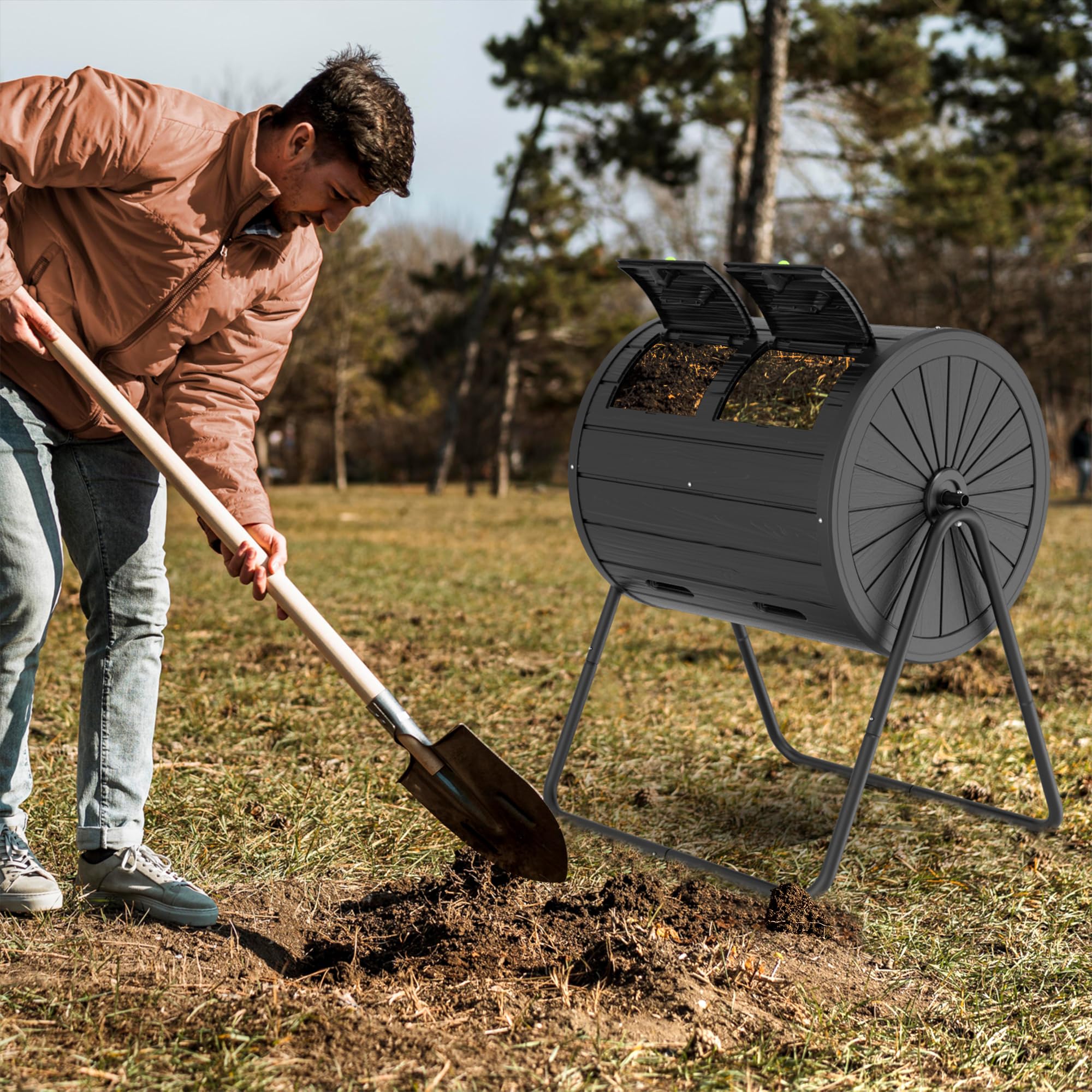 EasyUp Compostador de doble cámara, 43 galones, negro, diseño giratorio con puertas renovadas y marco de acero (negro)