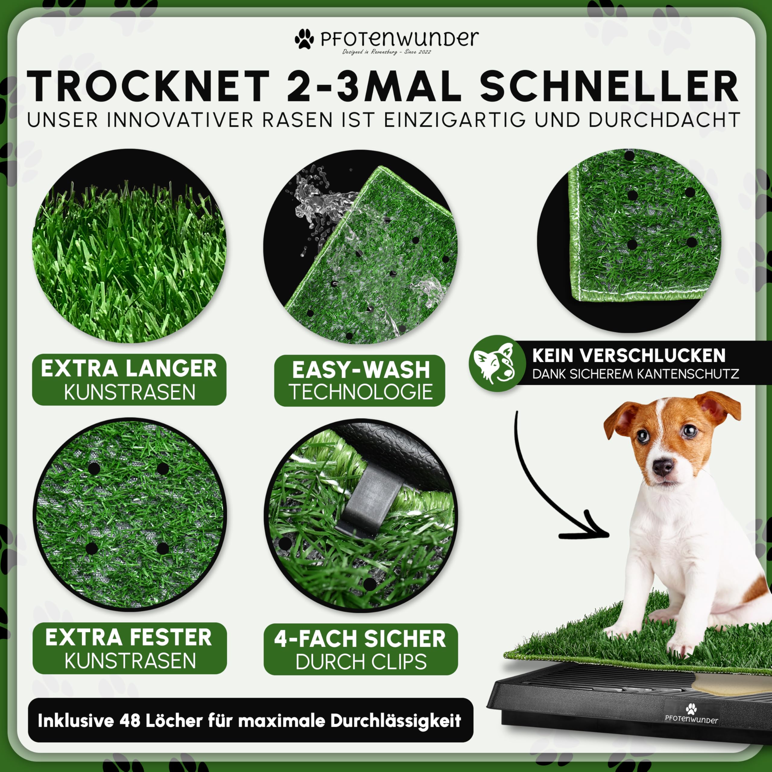 PFOTENWUNDER® Hundeklo + 2X-Easy-WASH-Rasen + 1x Büchlein, Hunde-Toilette für kleine & große Hunde, Festes Gras & Anti-Rutsch, Welpen-Klo drinnen zuhause Gras Hundetoiletten Balkon Indoor WC