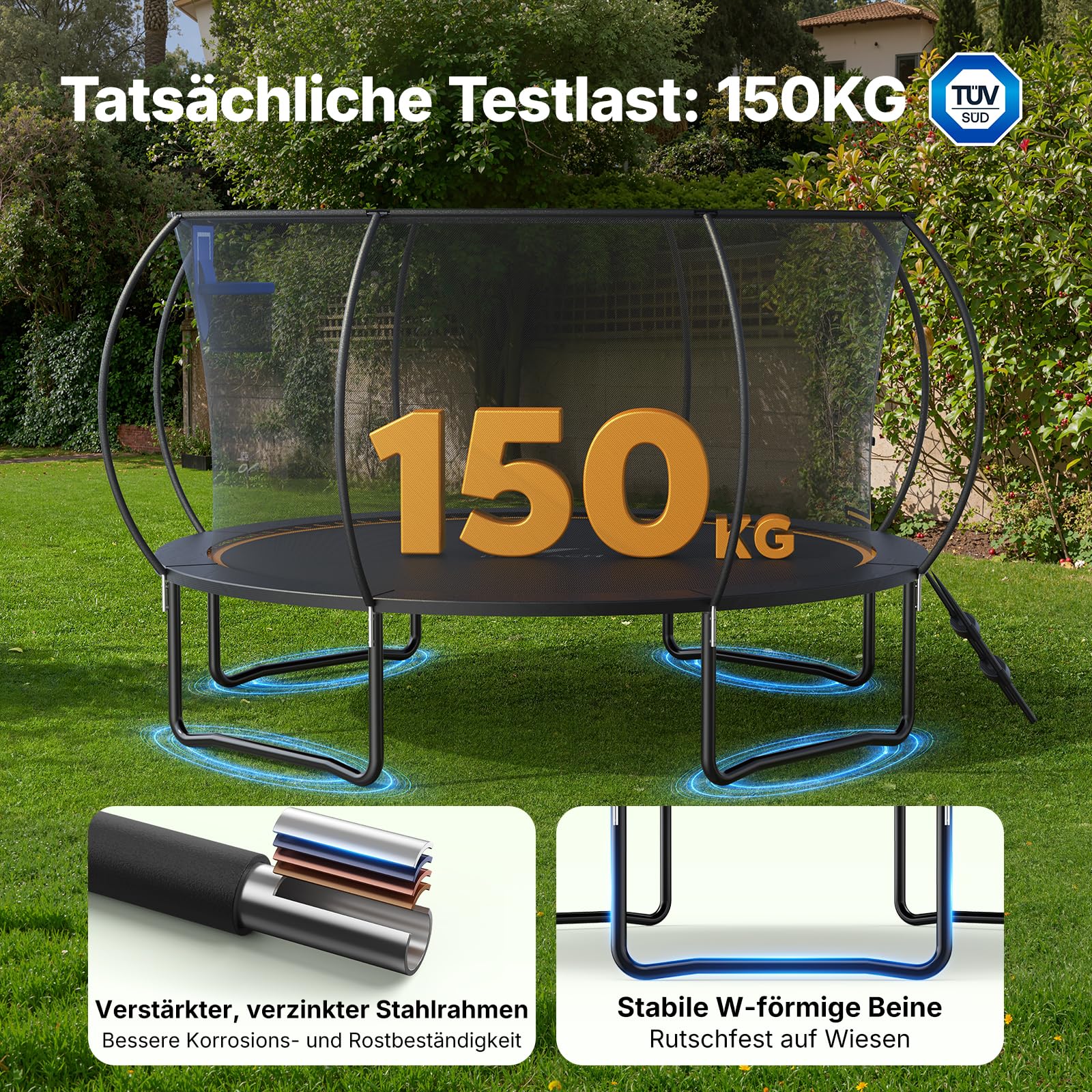 MERACH Trampolin Outdoor 305cm/366cm/427cm/488cm, Trampolin Sicherheitsnetz und Basketball, MaxLoad 150KG Bodentrampolin Outdoor Gartentrampolin