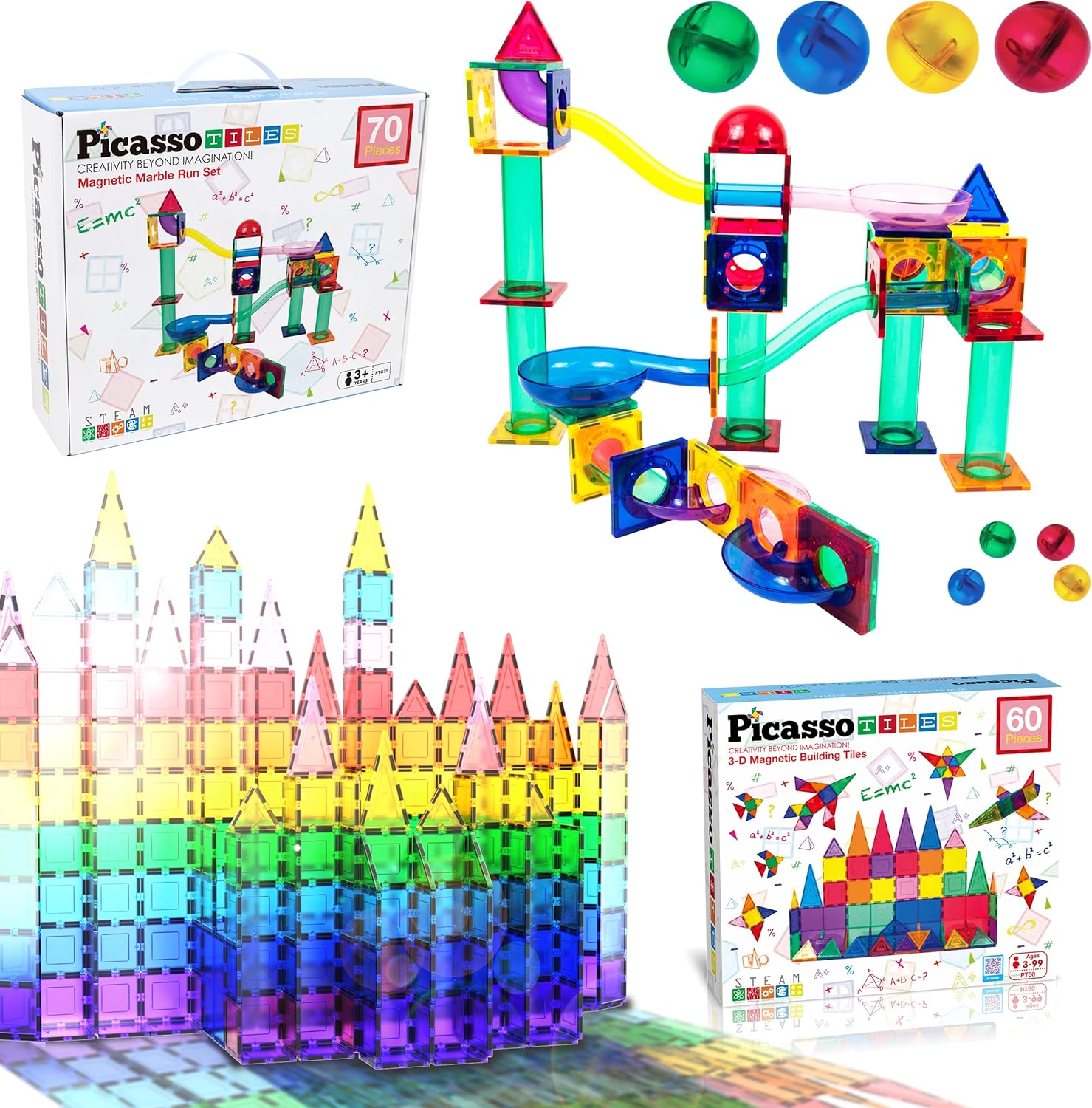 PicassoTiles 70PC Marble Run Race Track + 60PC Magnet Tiles Fun & Creative Playset Bundle: STEAM Learning & Educational Sensory Toy for Preschool & Kindergarten Kids Ages 3+, A Classroom Must Have