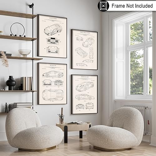 Miniatura 3 de Poster Master 4 piezas de diseño de autos de lujo - Póster de patente de vehículo - Arte de automóvil deportivo y automóvil - Diseño de pared de
