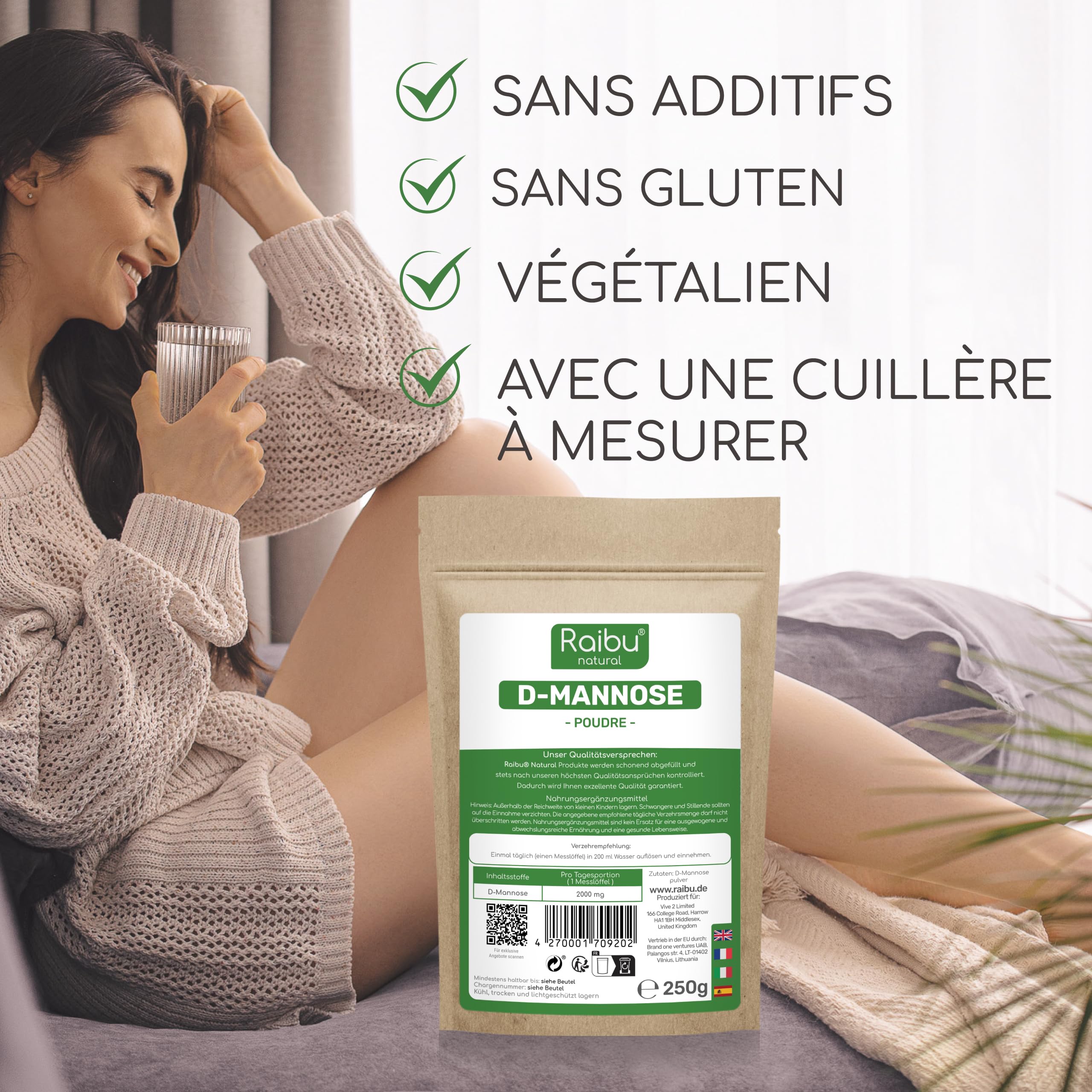 Raibu D-Mannose Poudre 250 g - Plus de 4 Mois - 2000 mg par Dose D Mannose Poudre - Cuillère de Dosage Incluse - Pur & Végétalien