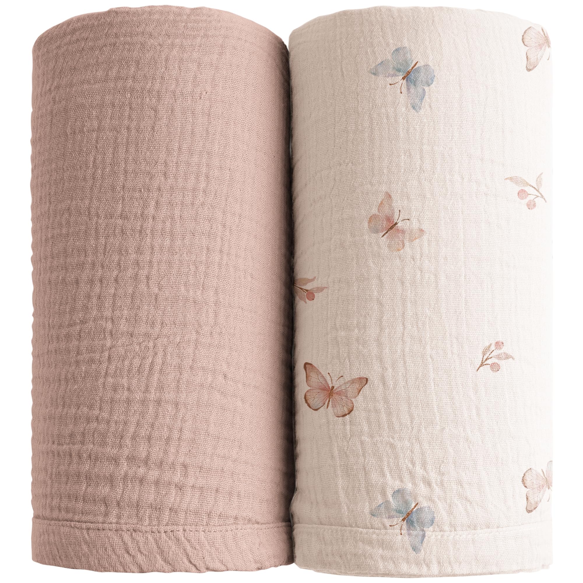 Konssy Muslin Swaddle Blankets, 100% Cotton Receiving Blankets, 47"x 47" | 2 Pack, Soft & Lightweight, for Receiving & Swaddling, Newborn to Toddler, Boys & Girls (Taupe,Butterfly Dreams)