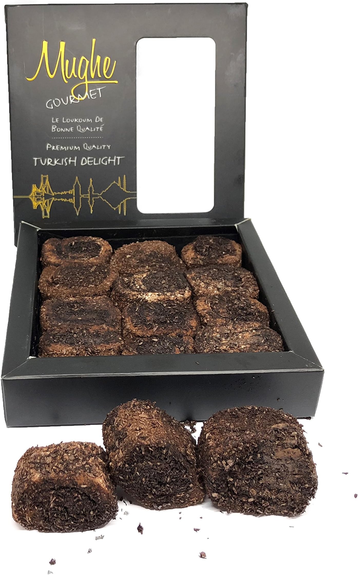 Mughe Turkish Delight Chocolate Filling w. Cacao and Coconut Dust PASHA Roll 12 Oz - Gourmet Turkish Delights - Rahat Lokum Gifts - Best Holiday Day Gift Box