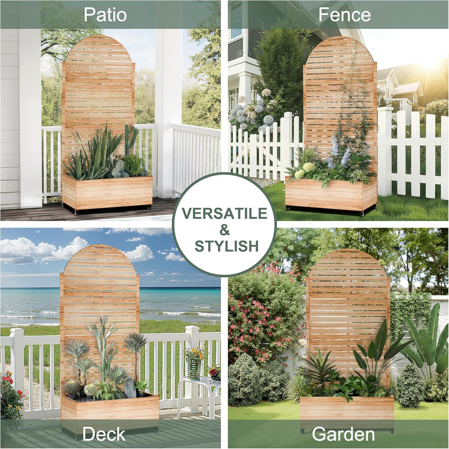 Metal Planter Box with Trellis for Patio, Privacy Planter with Trellis, Standing Planters Boxes with Privacy Screen, Drainage Holes for Climbing Plants (35" L, Arch White Wood Grain)