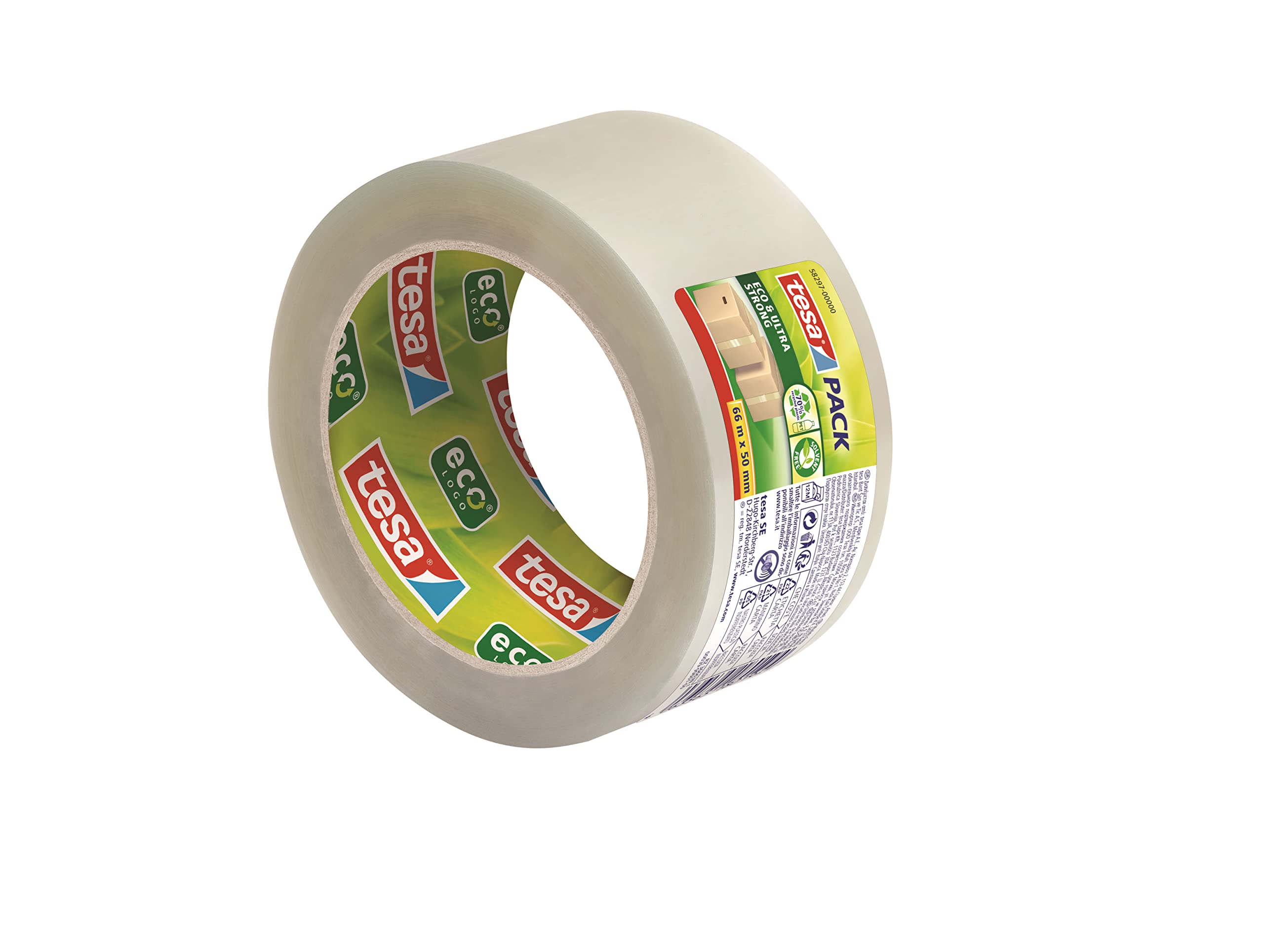 tesa Tesapack Eco y ULTRA STRONG ecoLogo - Cinta adhesiva de plástico transparente con fuerza adhesiva extrafuerte - Cinta adhesiva respetuosa con el medio ambiente, sin disolventes, 66 m x 50 mm (36
