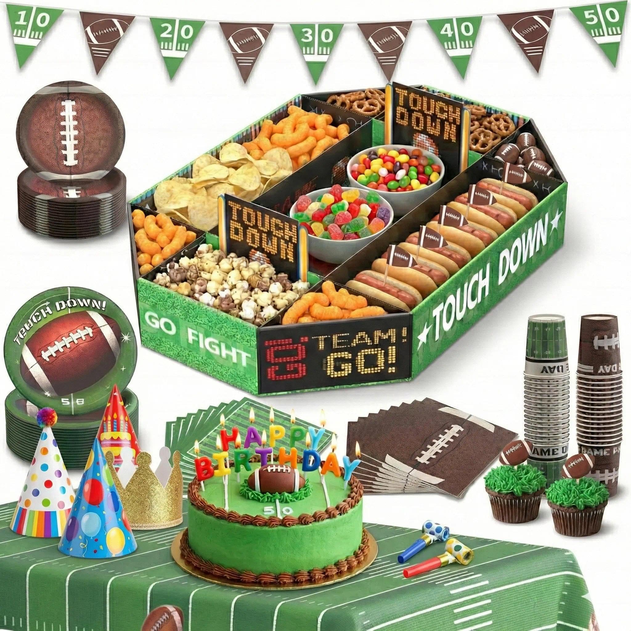 Football Birthday Party Decorations for Boys Serves 16 – Kids Sports Theme Party Supplies with Snack Stadium Tray, Plates, Cups, Banner & Tablecloth