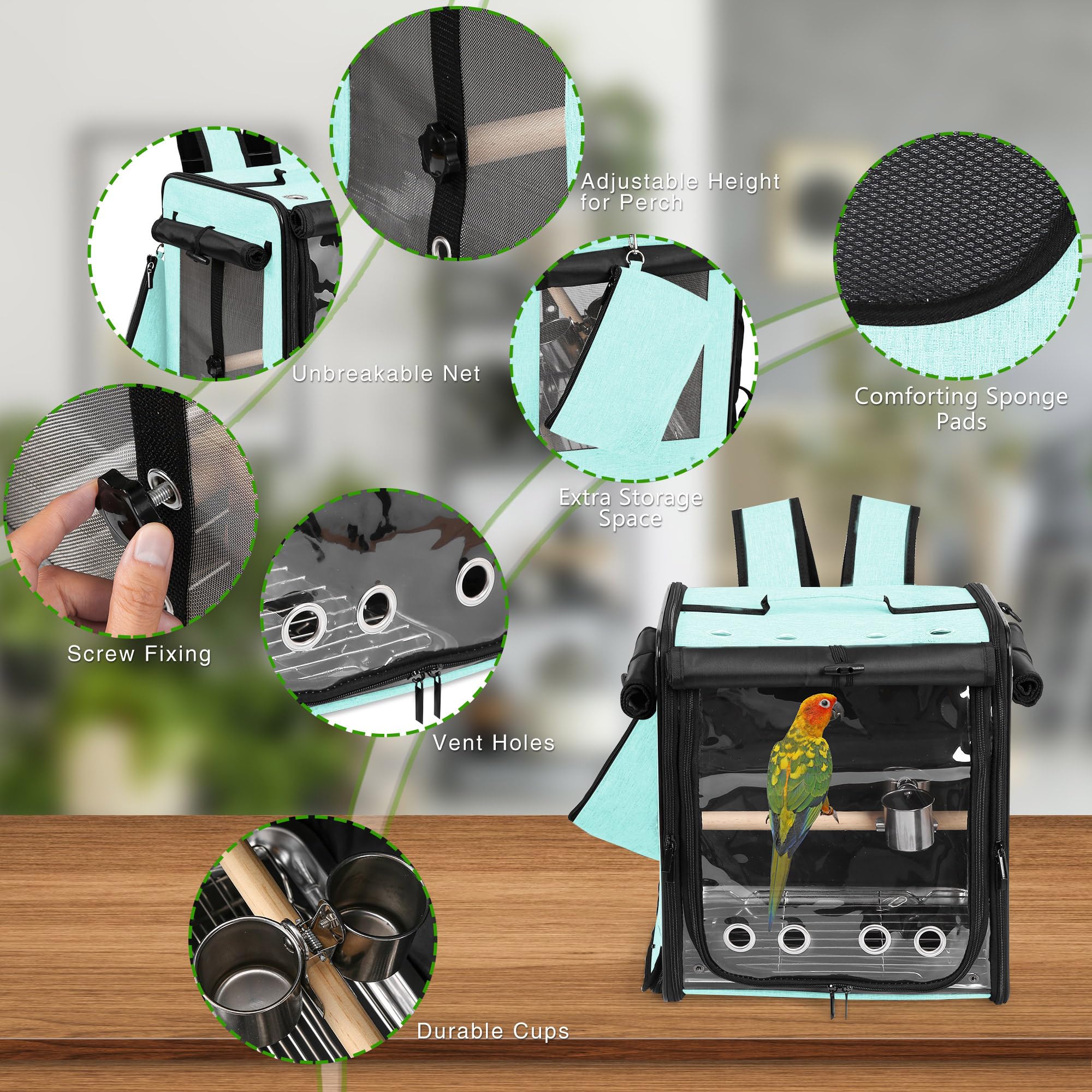 Portapájaros con cinturón de seguridad para viajes en coche, portaaviones con malla de acero inoxidable indestructible, jaula de viaje grande para pájaros, color verde