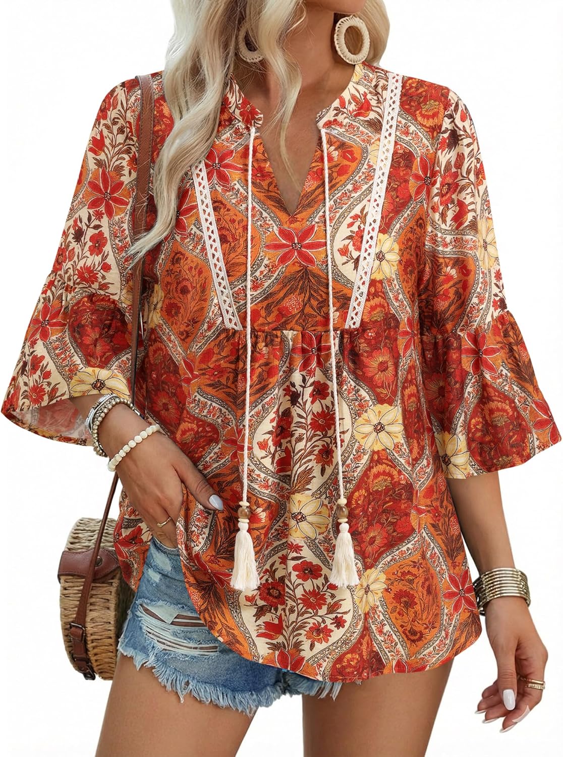 VALOLIA Womens Bohemian Peasant Tunic Blouse Floral Print V Neck Loose Casual Vacation Top