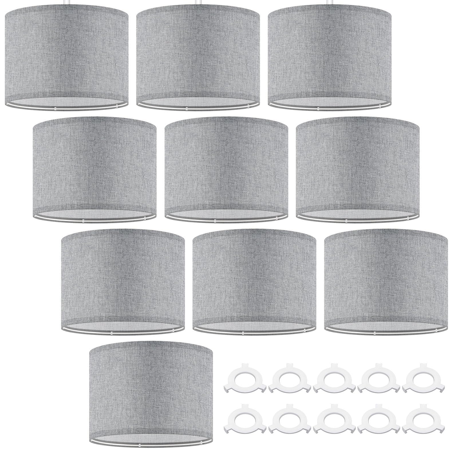 Weewooday 10 Pcs Fabric Lampshade for Ceiling Lights Pendant Modern Drum Lamp Shades for Table Floor Bedroom with E27 to E14 Adapter Ring (Grey,10 Inch)