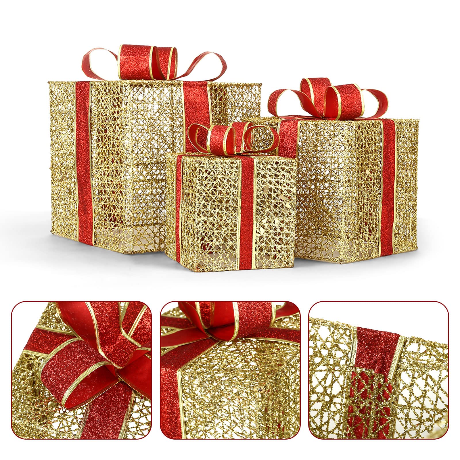 Scatola Regalo Regali Natale GWHOLE Set di 3, Scatole Regalo con Luci a LED Giallo Calde Pacchi Natalizi con Orpelli e Fiocco per Decorazioni Natalizie