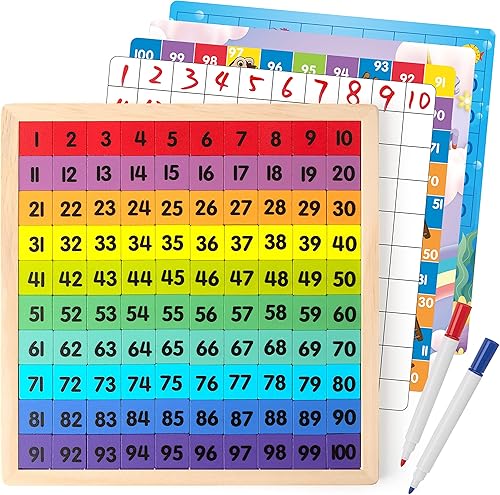 Coogam Tablero de madera de matemáticas de 1 a 100 números, juguetes educativos de aprendizaje, colorido juego de mesa Montessori para preescolar 3,