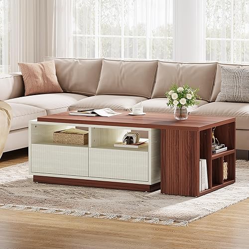 Miniatura 8 de Tribesigns Mesa auxiliar extensible con 2 cajones de almacenamiento, mesa reversible para sala de estar con estantes y parte superior ajustable,