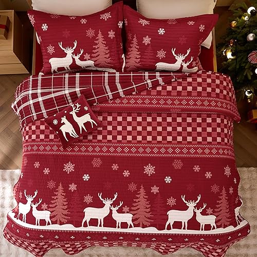 Miniatura 9 de Bedsure - Ropa de cama de Navidad, colcha reversible de tamaño King rojo con patrón de nieve y renos, colcha de microfibra ligera, suave, decoración