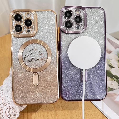 Miniatura 4 de Fiyart Funda compatible con iPhone 14 Pro Max, compatible con MagSafe Love con protección de cámara chapada en corazón, purpurina magnética para
