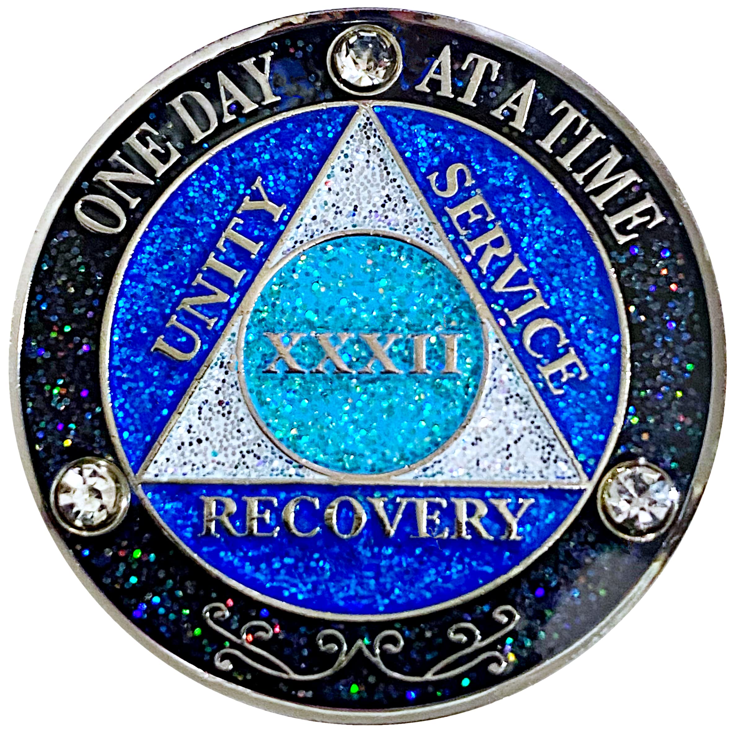 (Years 1-50) AA 32 Year Crystals and Glitter Medallion, Silver Color Plated Coin, Black Rainbow, Blue Glitter and Three Clear Crystals, Epoxy Covered