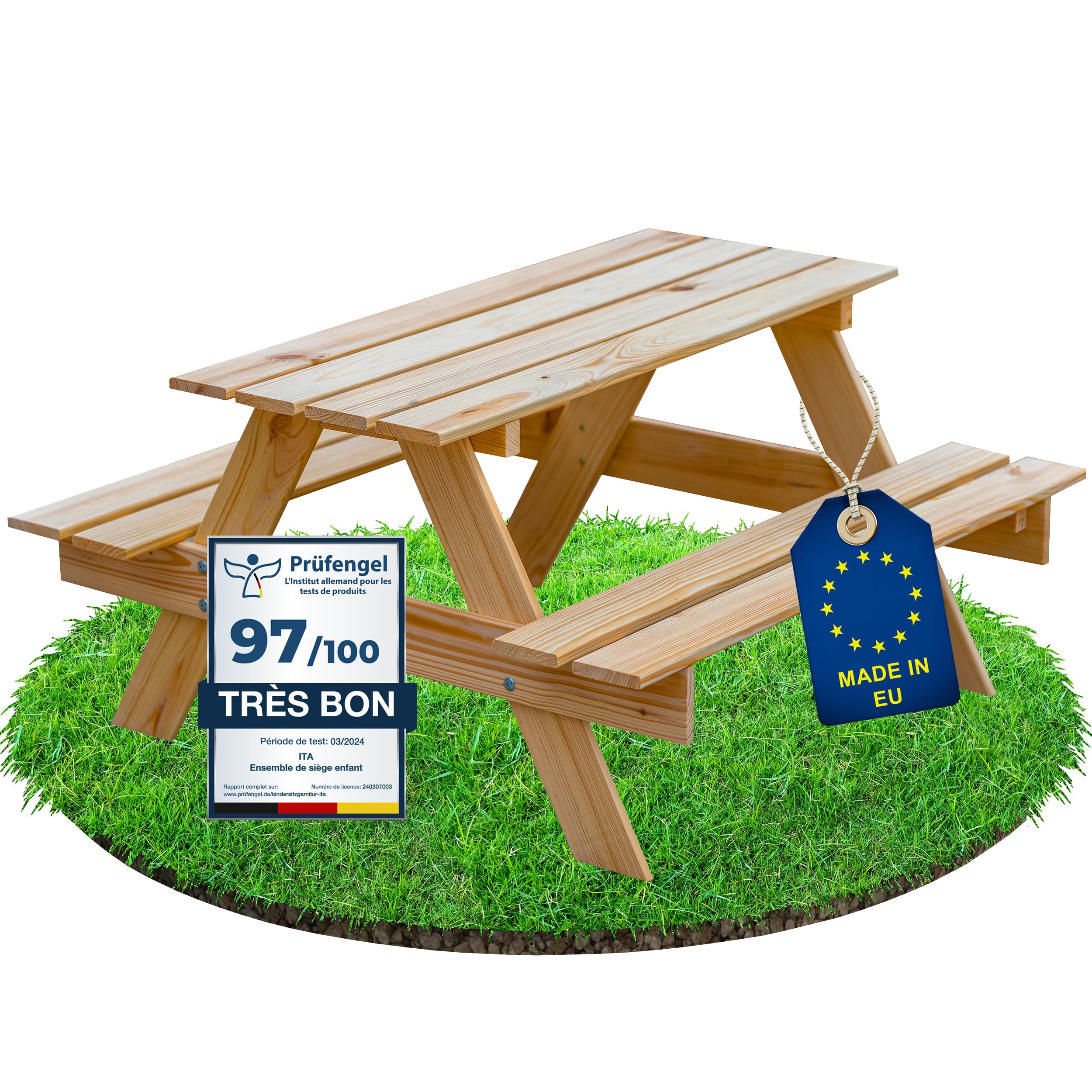 ITA Table de Pique-Nique pour Enfants en Bois avec 2 bancs, Ensemble Table et bancs pour Enfants dès 3 Ans, pour intérieur et extérieur, Bois certifié FSC, fabriqué dans l'UE, Naturel