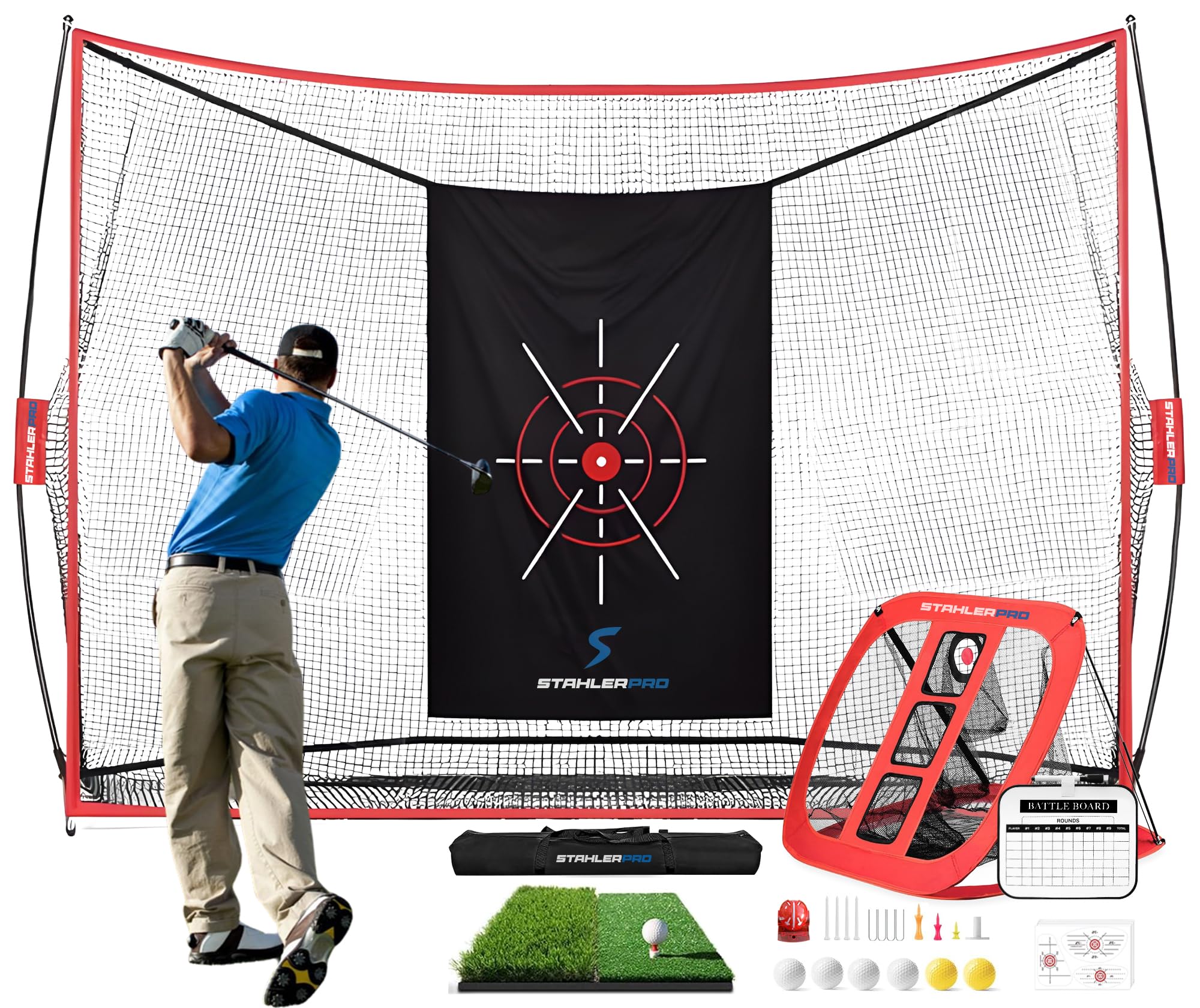 STAHLERPRO Golf Net Set with Practice Mat, 10x7ft Training Net with Chipping Net, 8 Tees, 6 Balls, Carry Bag, Impact Stickers, Ball Line Marker, Golf Training Set for Outdoor and Indoor Use
