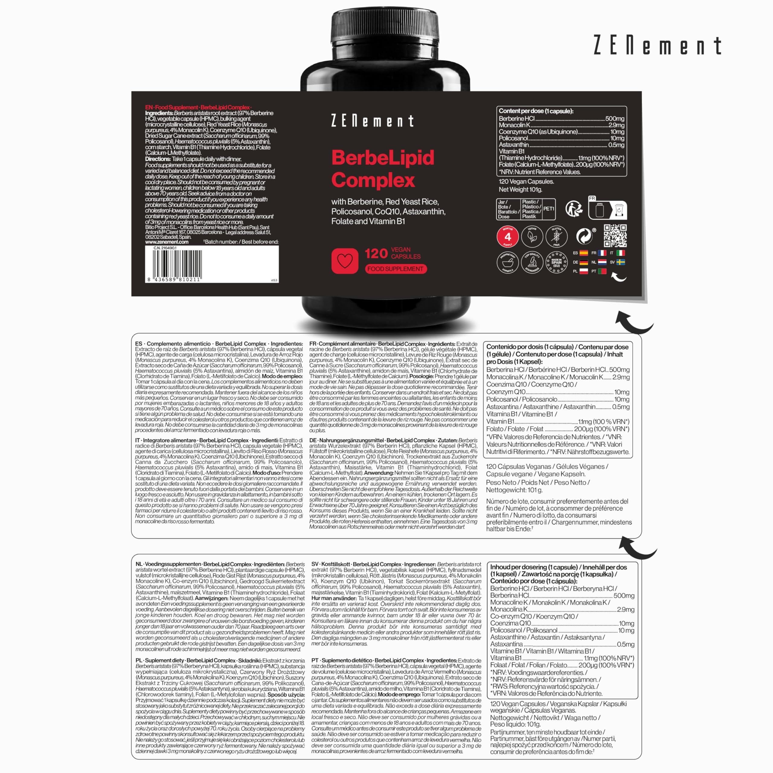 BerbeLipid Complex – mit Berberin aus Berberis aristata und Rotschimmelreis mit Monacolin K, Coenzym Q10, Policosanol, Astaxanthin, Aktivem Folat und Vitamin B1 – Zenement