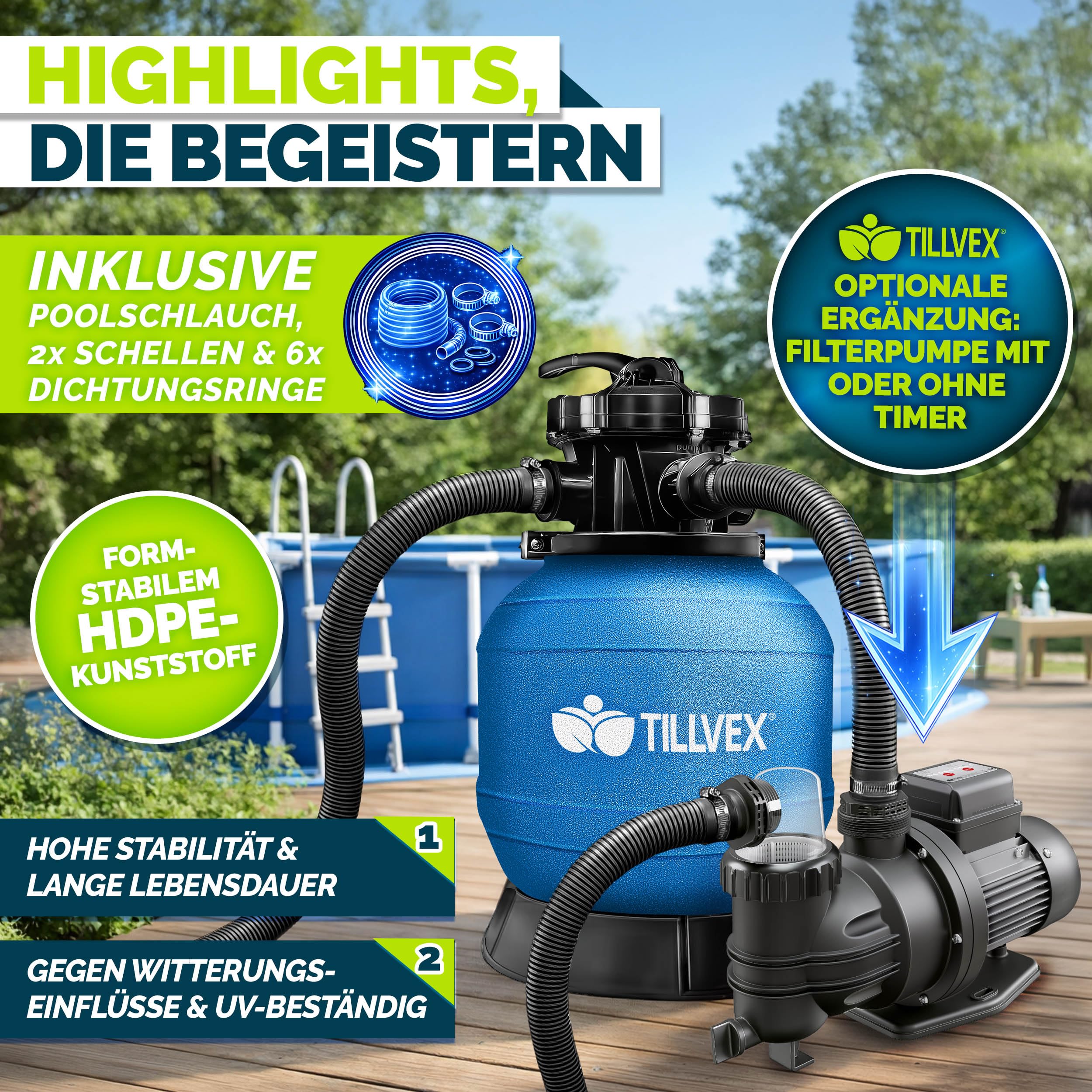 tillvex® Sandfilter Pool ohne Pumpe + Filterbälle | Filterkessel Poolfilter inkl. Adapter Ø32-38mm | Sandfilterkessel + 7-Wege-Ventil, Manometer & Saugschlauch (Blau, Bis 21 m³ (21.000 Liter) Pools)