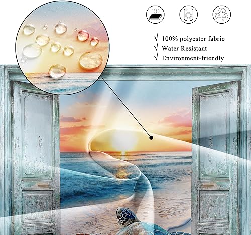 Miniatura 6 de Riyidecor Cortina de ducha de tortuga de playa para decoración de baño, 72 pulgadas de ancho x 72 pulgadas de alto, puerta de granero verde azulado,