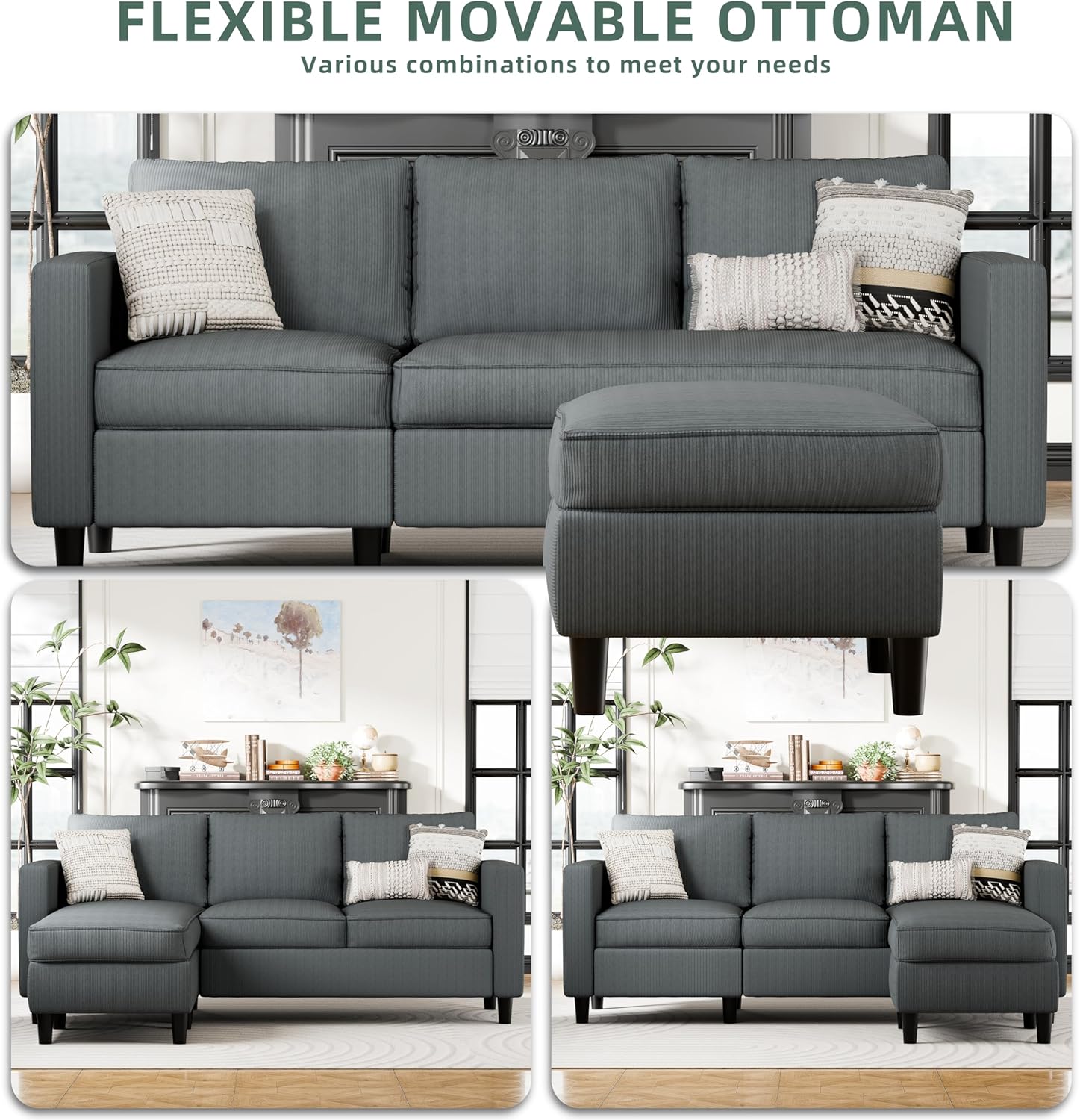 SUNLEI 73.6" Modular Sectional Sofa Couches, Comfy Cloud Couch with Movable Ottoman Deep Seat L Shaped Modular Sofa, Small Couches for Living Room and Apartment, Dark Gray