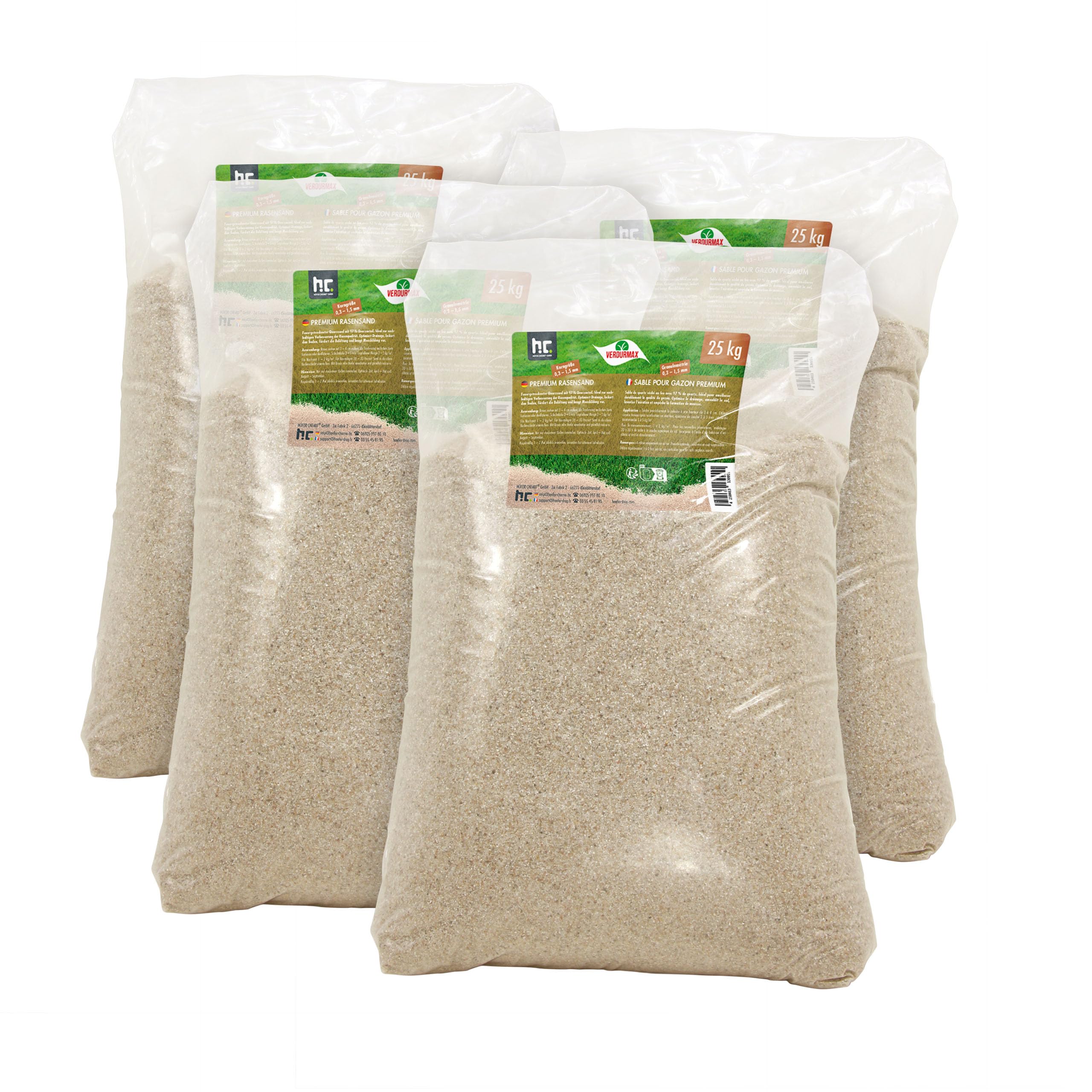 VERDURMAX 4 x 25 kg Rasensand 0,3–1,5 mm – Quarzsand Feuergetrocknet mit ca. 97% Quarz – Für Rasenpflege, Drainage & Bodenverbesserung