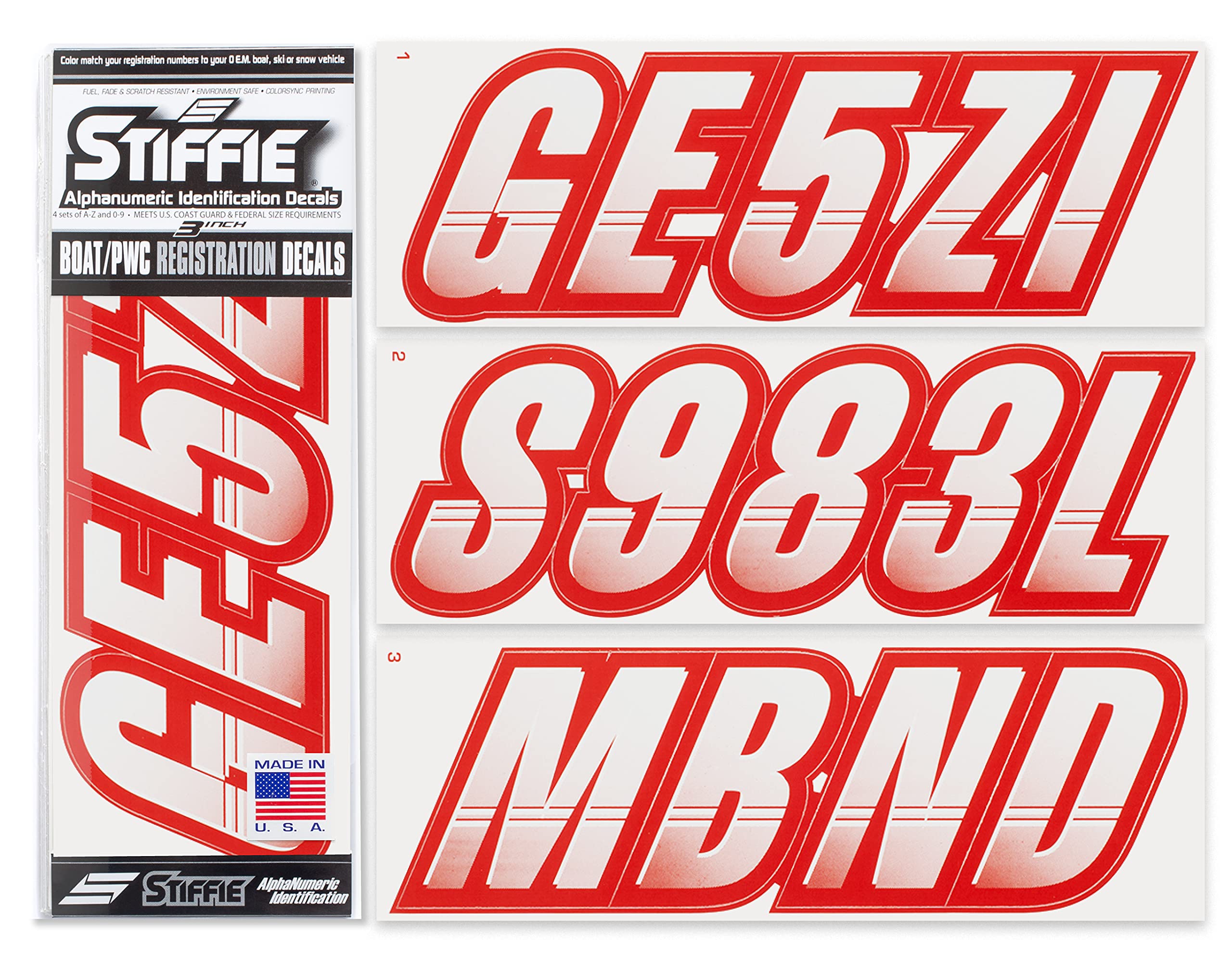 STIFFIE Techtron White/Red 3" Alpha-Numeric Registration Identification Numbers Stickers Decals for Boats & Personal Watercraft