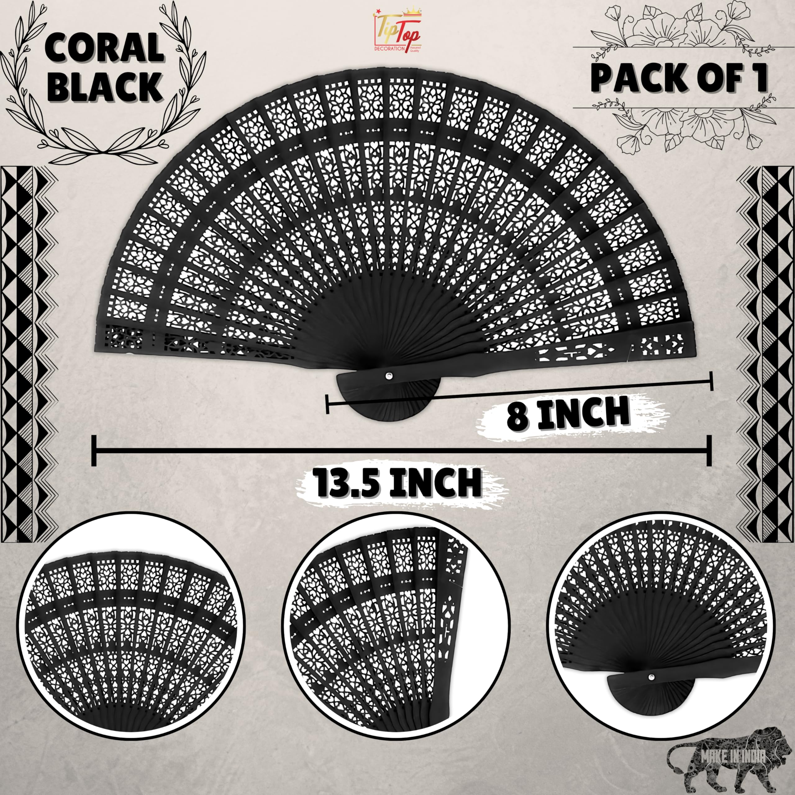 TIPTOP DECORATION Premium Traditional Dyed Folding Wooden Hand Held Fan (Coal Black, Pack Of 1)