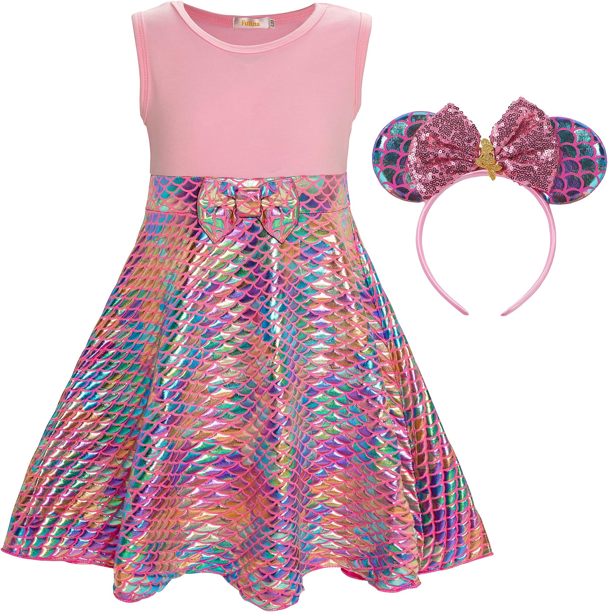 Funna Mermaid Costume for Girls Mommy and Me Princess Dress with Ears Headband, 7-8 Years Pink