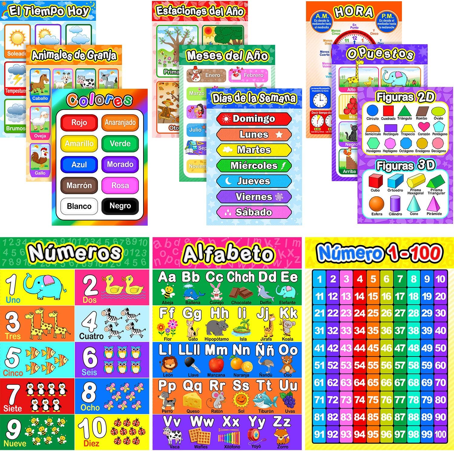 Blulu 12 Pcs Spanish Classroom Posters Learning Spanish Classroom Decorations for Kids Abecedario Para Niรฑos En Espaรฑol Numbers Alphabet Colors Bilingual Educational Posters 16 x 11''