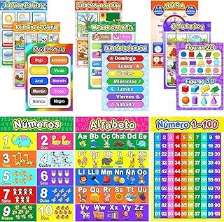 Educational Spanish Preschool Poster with Glue Point Dot for Homeschool Kindergarten Classroom, Spanish Posters Classrooms Decorations-Teach Numbers Alphabet Colors and More 16 x 11 Inch (12 Pieces) - coolthings.us