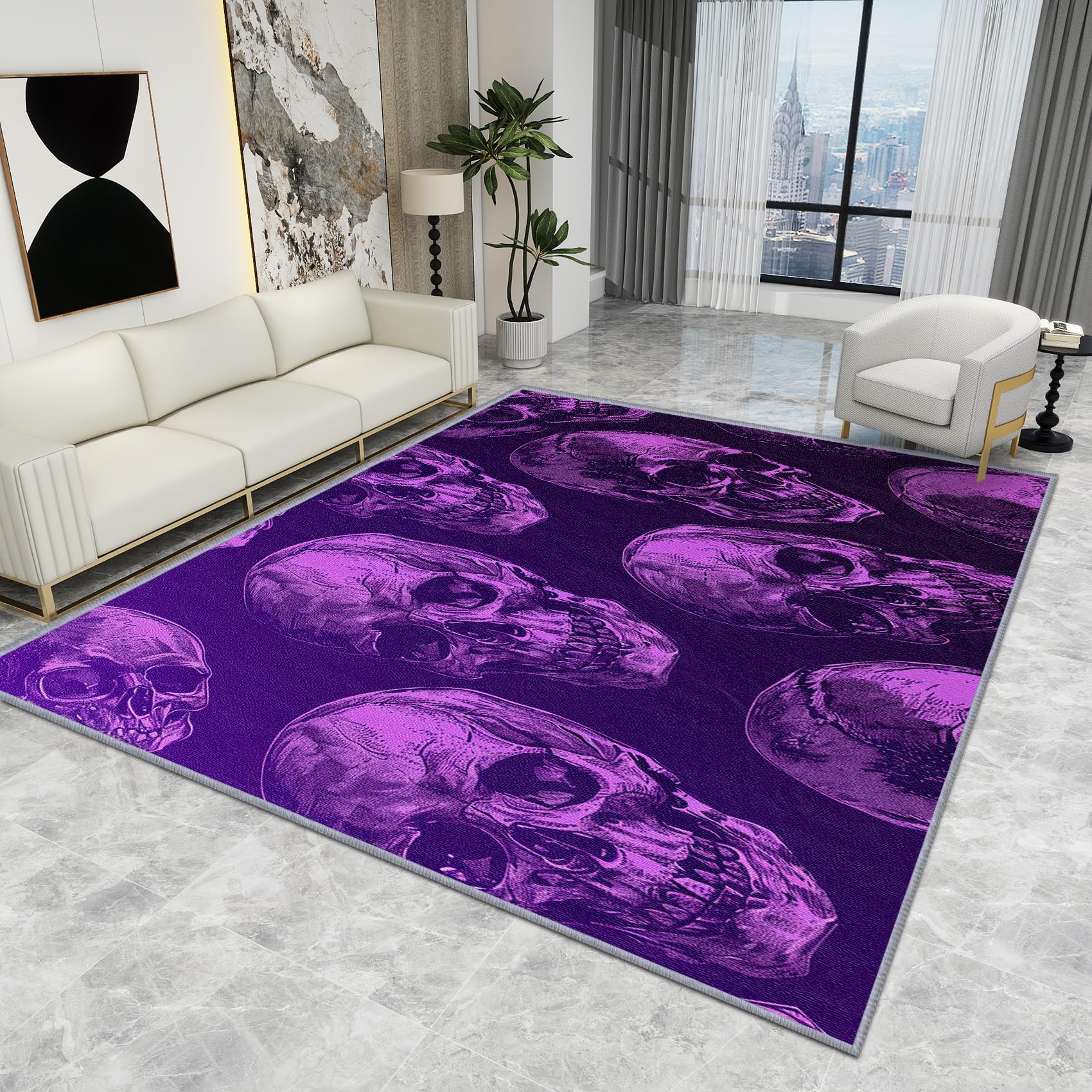 Skull Rug Bedroom - Skull Rug - Gothic Skeleton Purple Rugs, Goth Scary Horror Carpet, Washable Rug Non Slip Low Pile Soft Large Area Rugs, Skull Home Decor Gifts, 120 X 120 cm