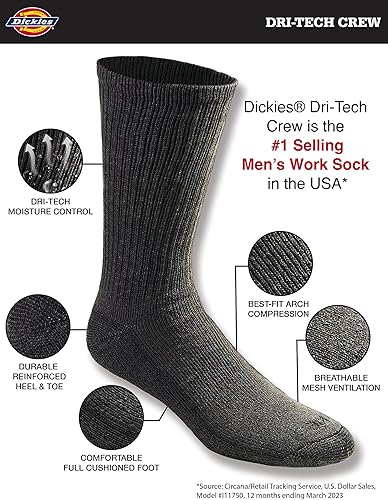 Miniatura 3 de Dickies Calcetines altos Dri-Tech Essential para hombre con control de humedad, disponibles en tallas M-XXL (6, 12 pares)