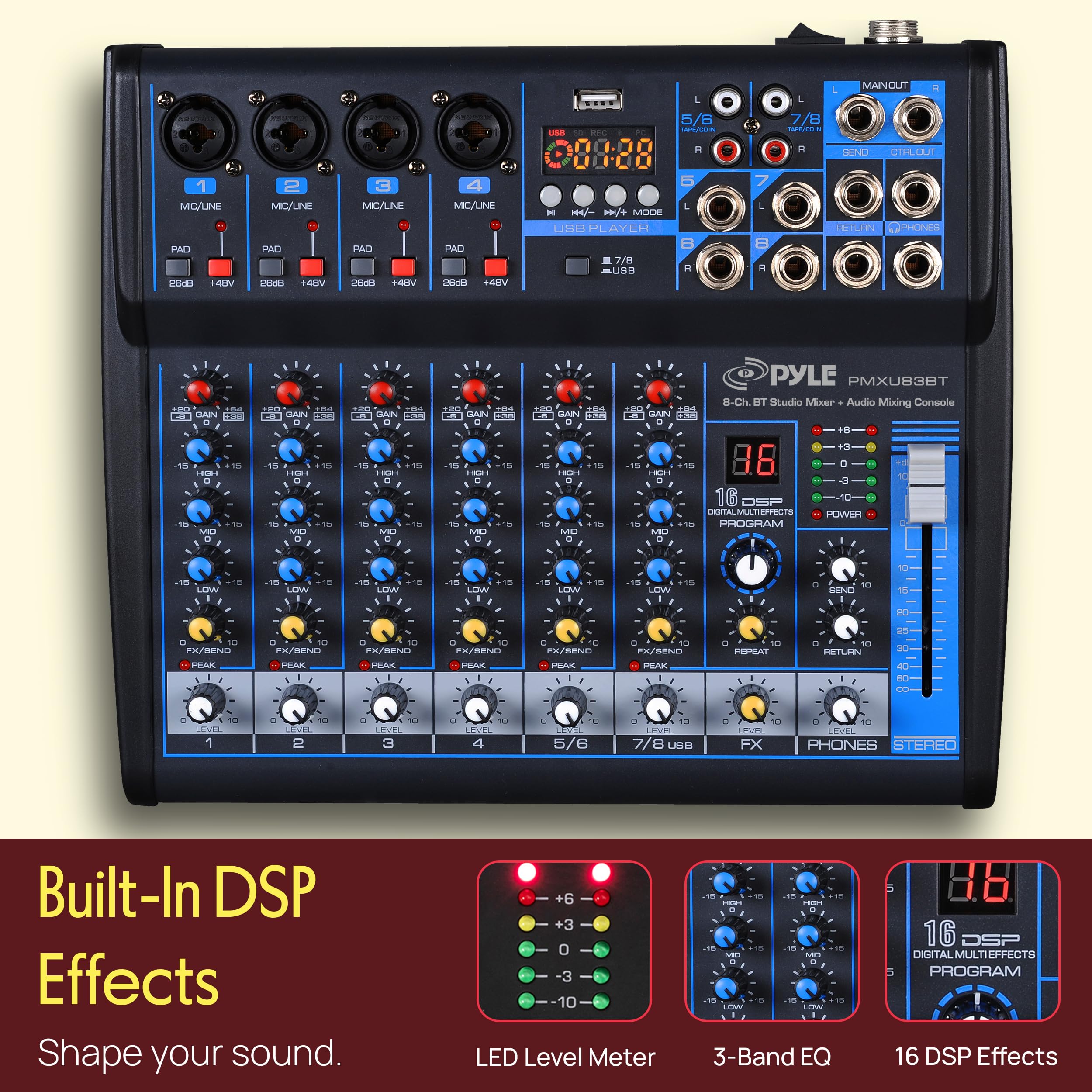 Pyle 8-CH Studio per mixer DJ [interfaccia audio per mixare sistema audio] wireless Bluetooth Streaming | USB/interfaccia connessione computer | Supporto | MP3 digitale + 48 V Phantom Power (pmxu83bt)