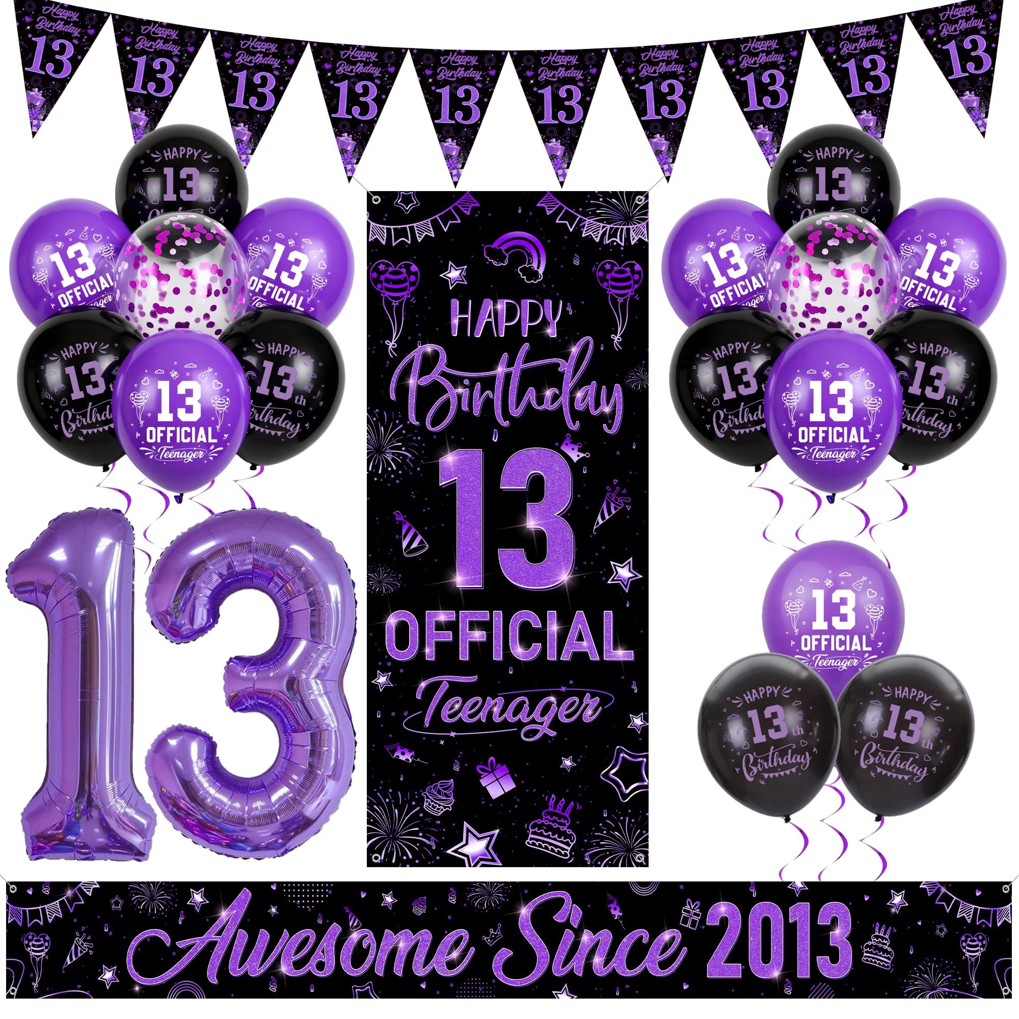 Flerramao 13th Birthday Decorations Girls, Purple Official Teenager Birthday Banner, Awesome Since 2013 Garden Banner, 32 Inch Number 13 Foil Balloon, Bunting, Confetti Balloons for 13 Years Old