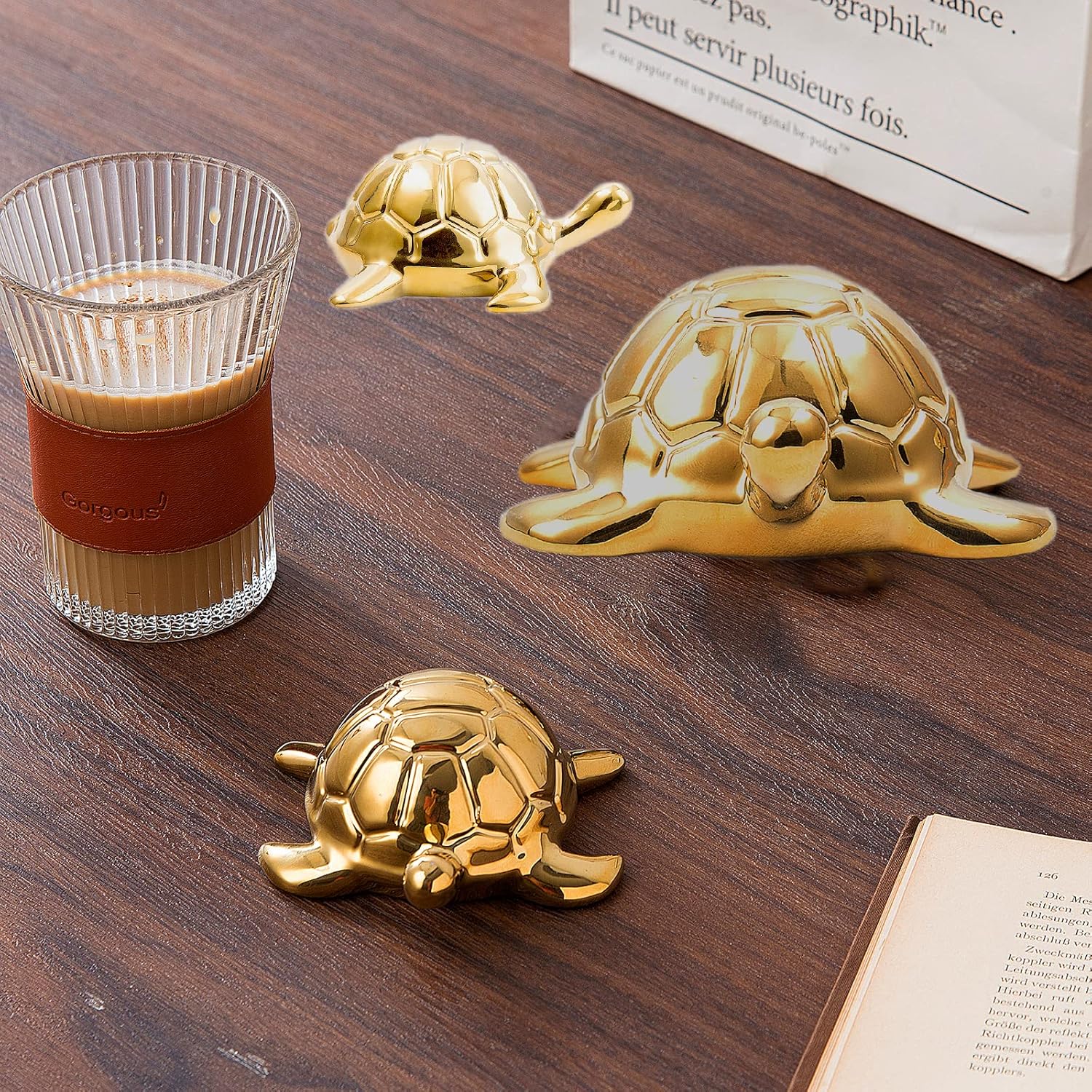 Golden Turtle Statue Set,Sculptures Gold Turtle Ornament Ceramic Statue Home Accessories Gold Desk Home Indoor Decorative Collectible Decor or Elders (3 Pieces)