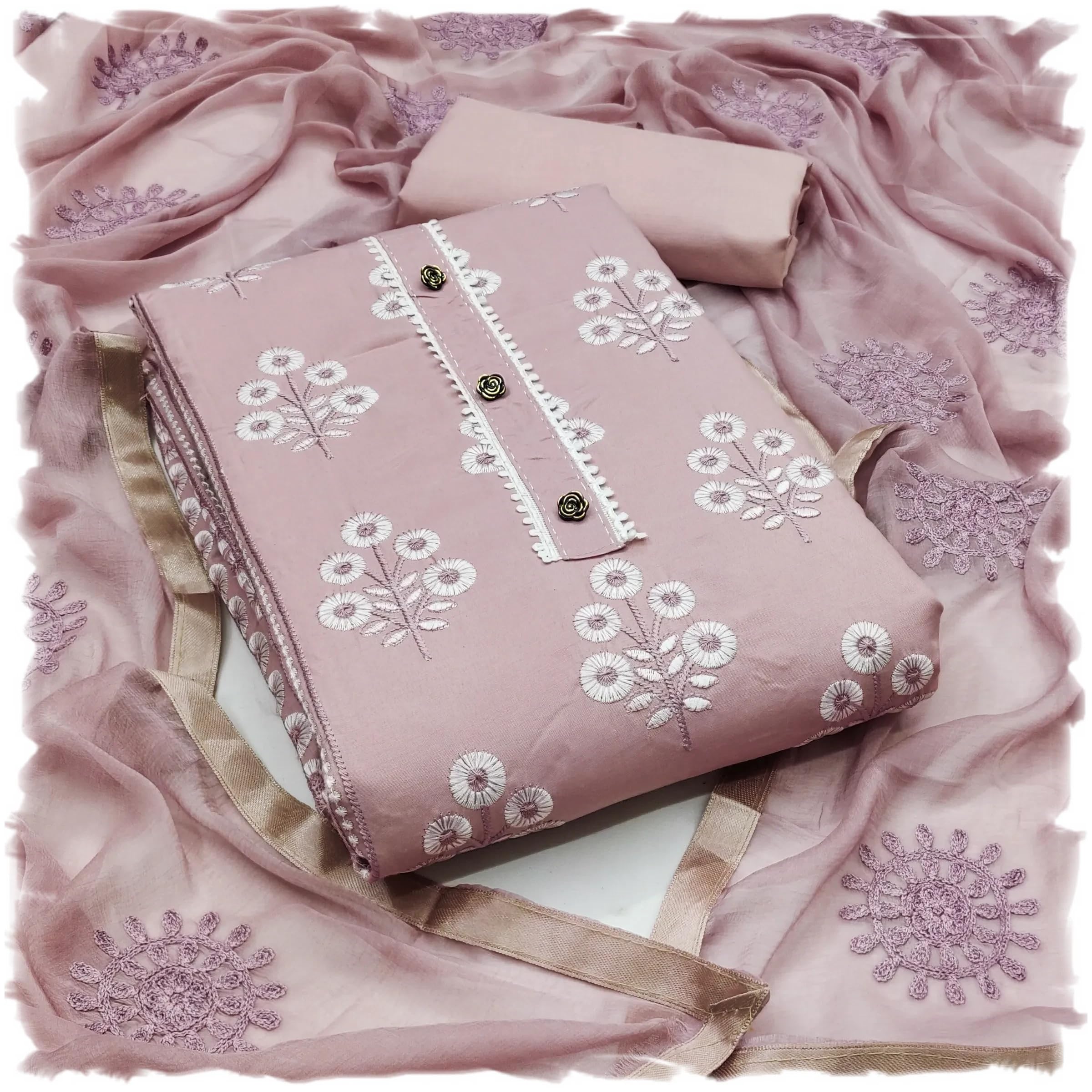 Women's Poly Cotton Flower Embroidery Work Unstitched Salwar Suit Dress Material With Embroidered Dupatta (DM Kamli_Free Size)