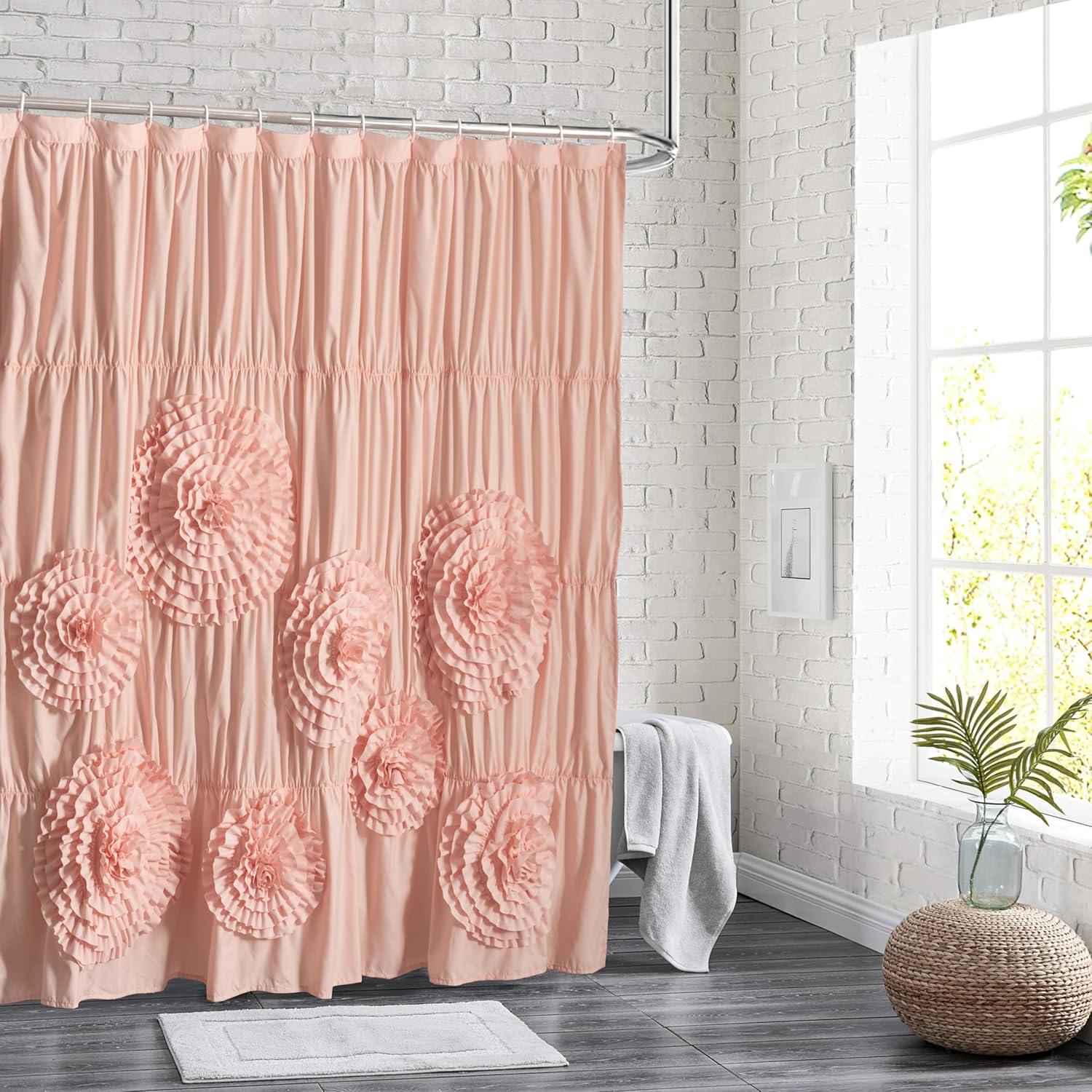 Farmhouse Ruffle Shower Curtain with Handmade 3D Flowers, Vintage Fabric Shower Curtains for Bathroom, Decorative Luxury Bathroom Curtain with 12 Holes, Peach Pink, 72" x 72" (LQ-41)