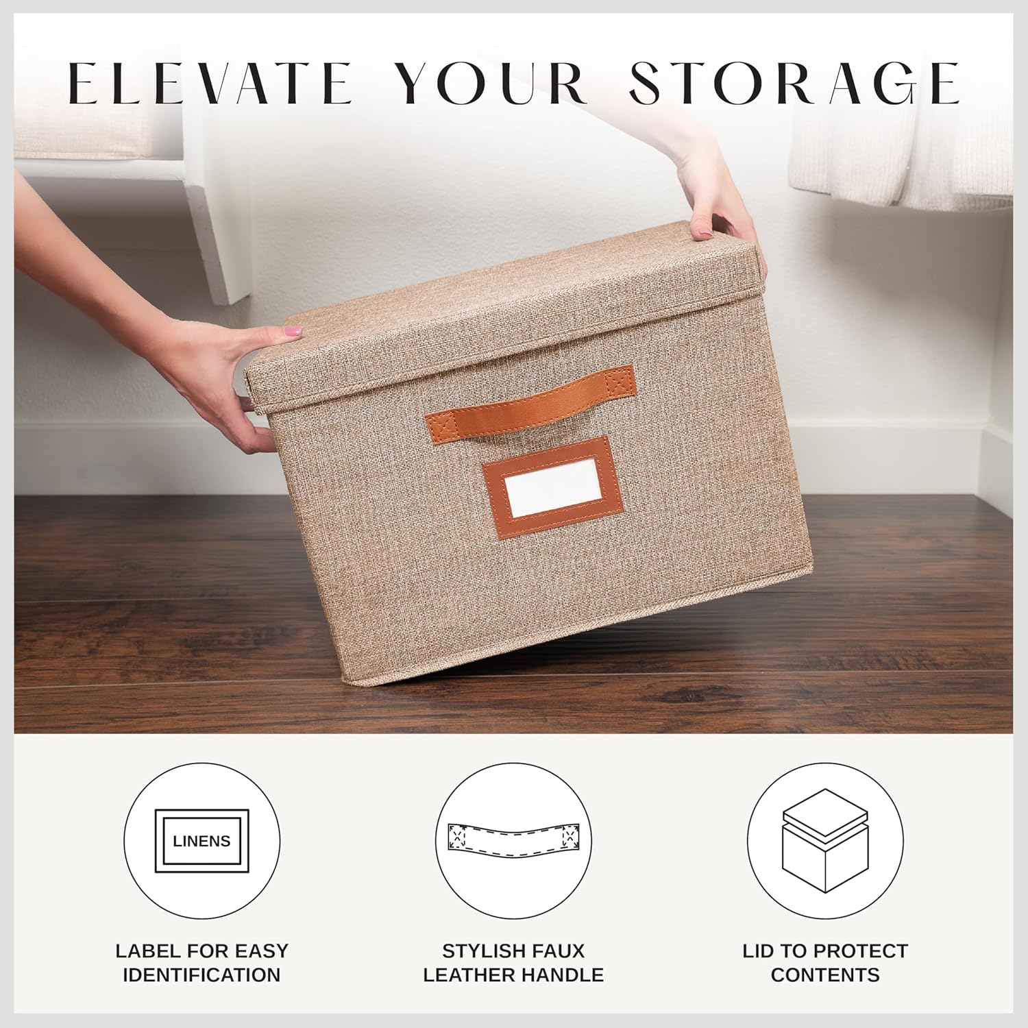 3 Pack Large Fabric Storage Bins with Lid - Decorative Box with Lid, Label Holder, Faux Handles - Large Decorative Storage Boxes with Lids for Organizing Clothes, Blankets - Oatmeal