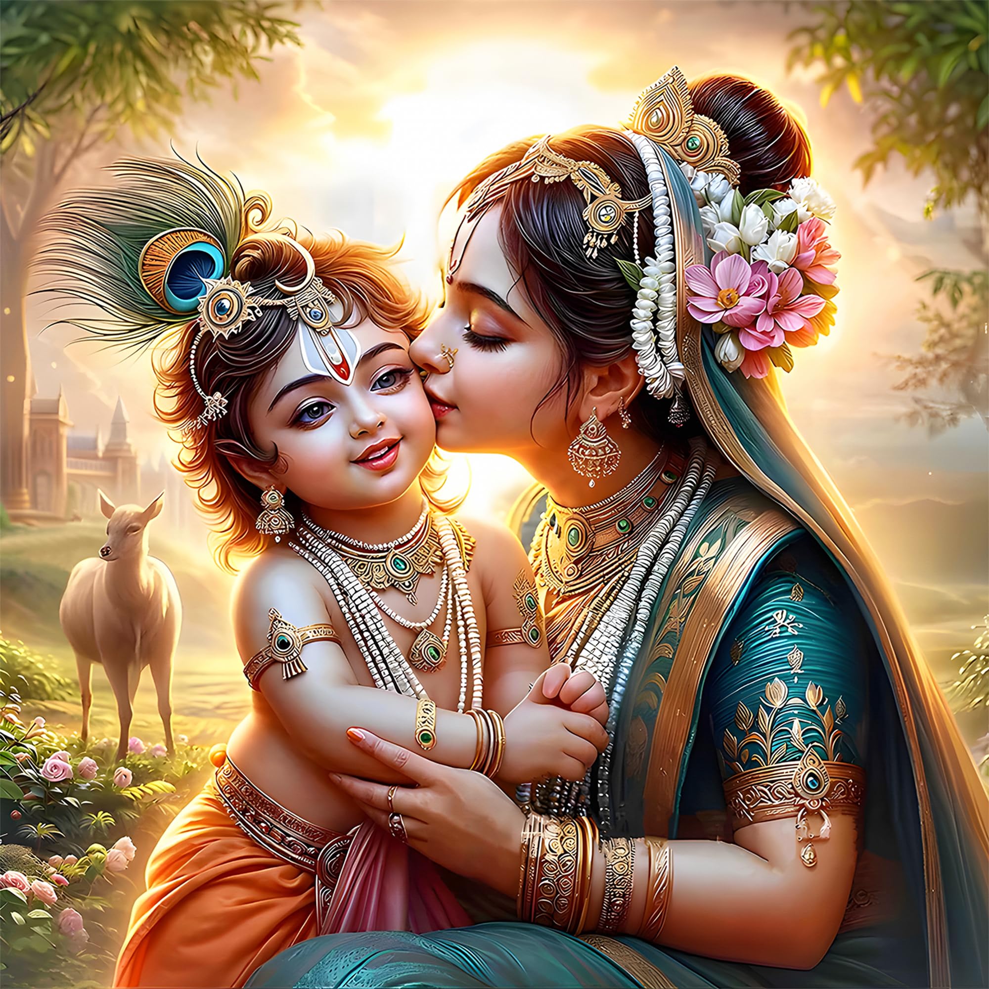 Grac Annaprashan Ceremony Backdrop Yasoda MATA & Bal Krishna,(8ft-8ft) Traditional Background Curtain Cloth for Festival. (Washable Fabric) (Yasoda & Bal Krishna New (8 * 8))