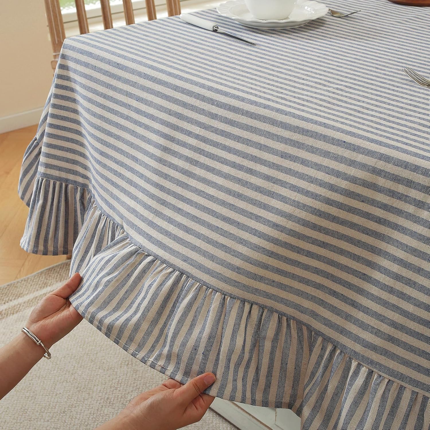 vctops Blue Stripe Cotton Linen Tablecloth Boho Farmhouse Rustic Ruffle Table Cloth Washable Table Cover for Rectangle Table Dining Kitchen Party Wedding Decor (Blue,59"x70")