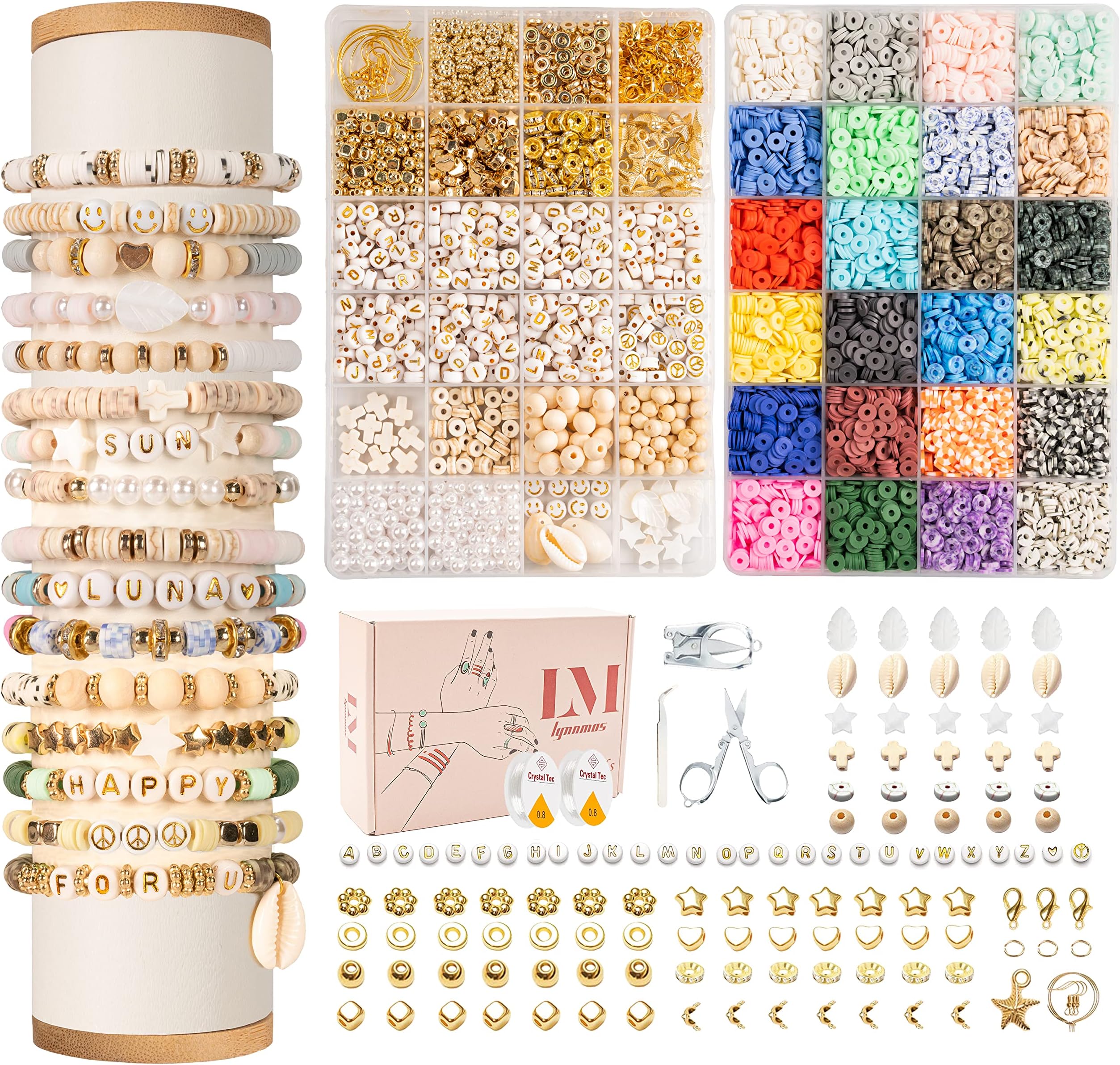 Lynnmos Clay Beads 8000 Pcs 2 Boxes Bracelet Making Kit - 24 Colors for Bracelet Making Set - Heishi Disc Beads for Jewelry Making kit with Charms and Gift Pack for Girls