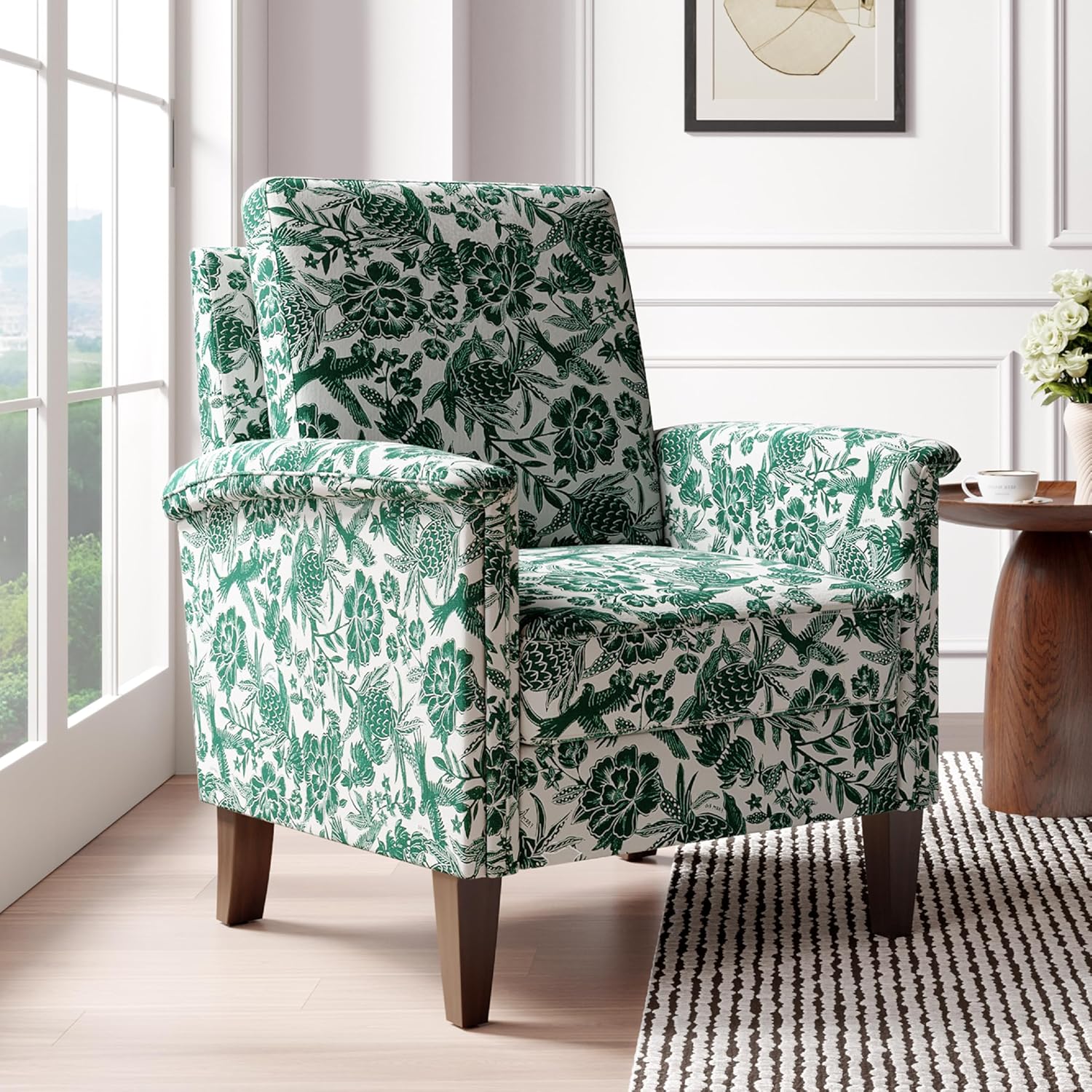 Accent Chair, Modern Floral High Back Upholstered Armchair with Solid Legs for Living Room, Spring-Padded Cushion and Removable Back Cushion Bedroom Reading Single Sofa Chair, Green