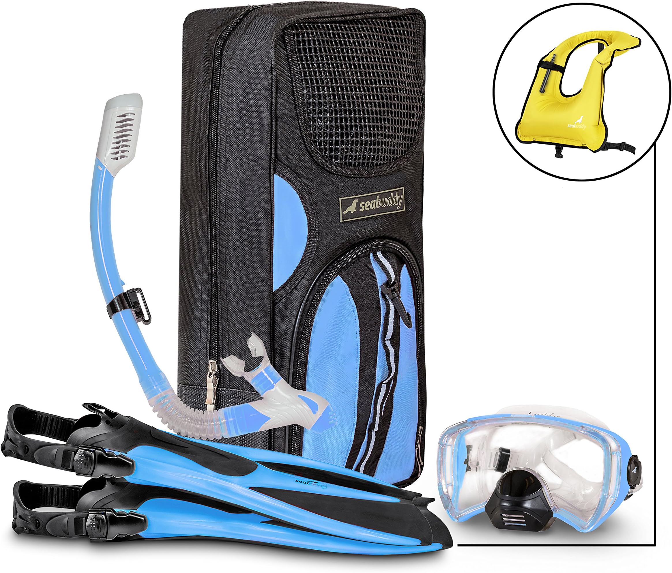 Fiji Panoramic Snorkel Set + Premium Travel Gear Bag ~ Vest Included (Aqua/Blue, S/M Size 4 to 7.5)