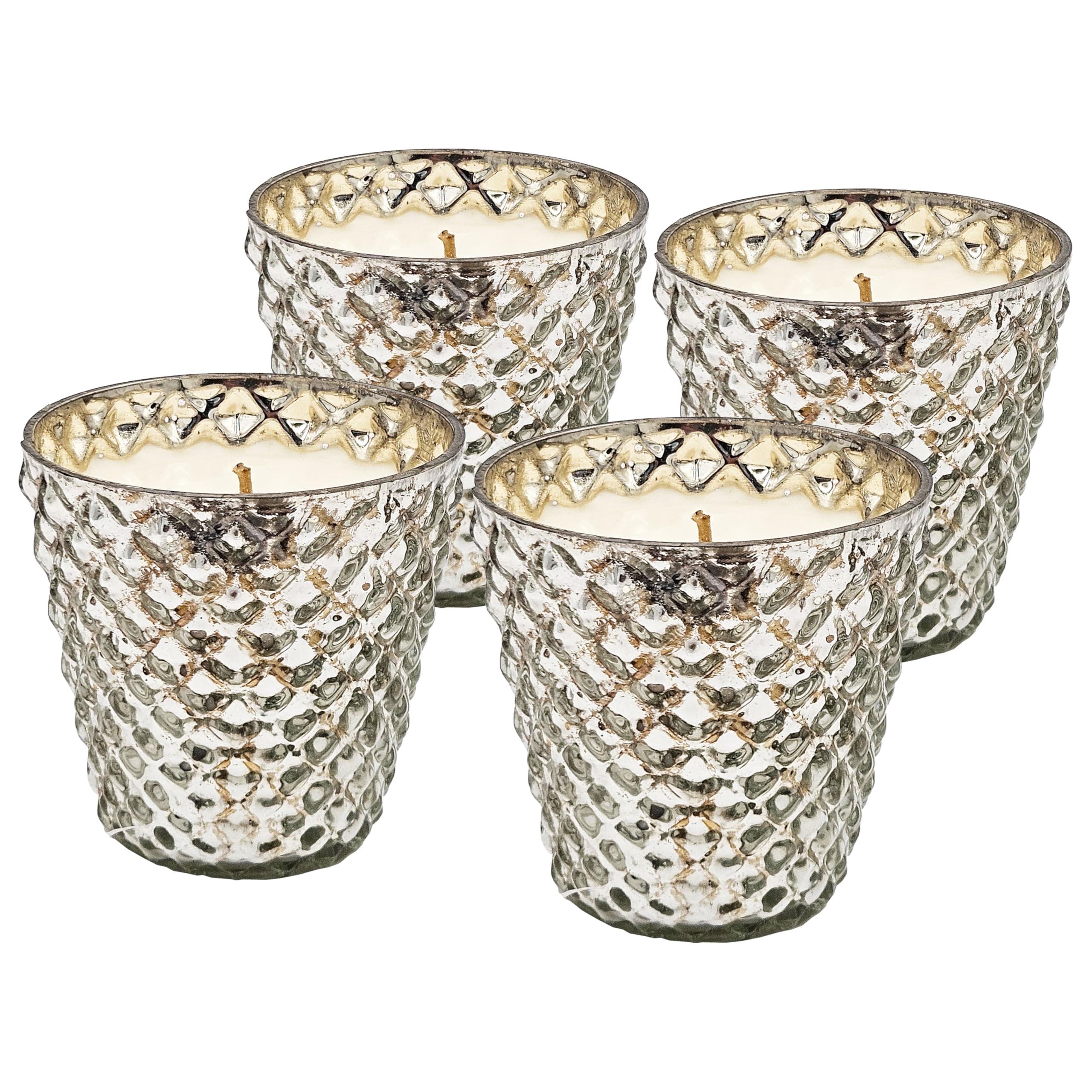 aphrophina Set of 4 Scented Soy Wax Candles with Silver Antiqued Glass Holders, Earl Grey Scent, Elegant Home Decor