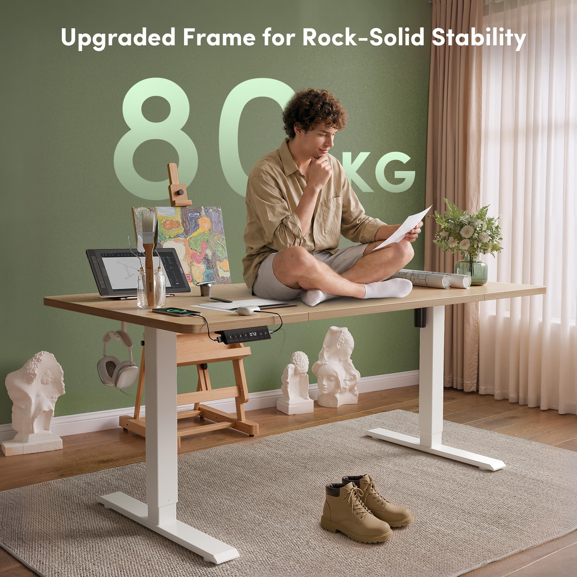 FEZIBO Höhenverstellbarer Schreibtisch mit USB-A und USB-C-Ladeanschlüssen, 160 x 80 cm Schreibtisch Höhenverstellbar Elektrisch, Ergonomischer Steh-Sitz Tisch für Heimbüro, Standing Desk, Eiche