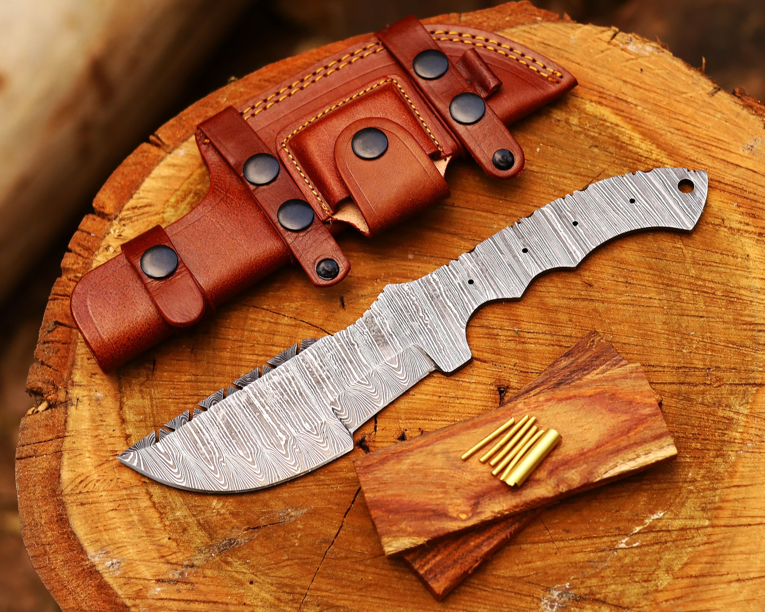 SOGO KNIVES Damascus Tracker DIY Handmade Knife Kit - Includes Knife Blank, Steel Blade, Pins, Sheath, Handle Scales - Making Supplies, (DAMASCUS