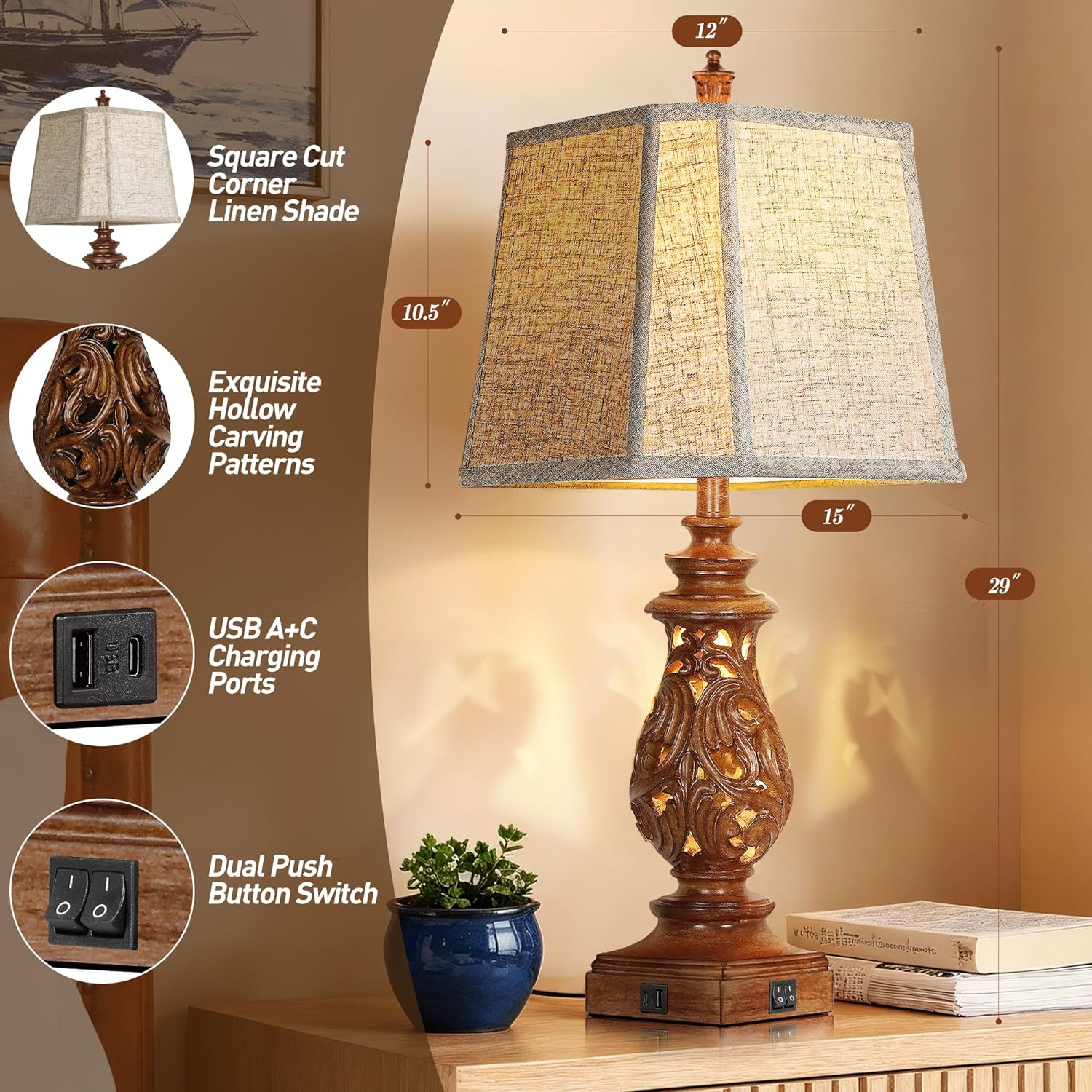 PARTPHONER 29" Table Lamps Set of 2, Bedside Lamps with USB A+C Ports & Night Light, Farmhouse Nightstand Lamps with Linen Fabric Shades for Bedroom Living Room, Wood Grain (LED Bulbs Included)
