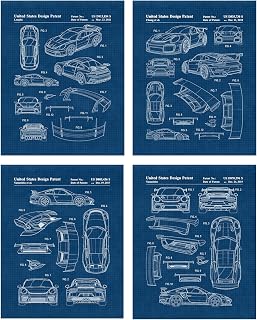 Classic Super Cars Patent Prints, 4 (8x10) Unframed Photo, Wall Art Decor Gift for Home Office Porsche Garage Work Shop Man Cave College Car Engineer Student Teacher Coach F1 Racing Team Champ